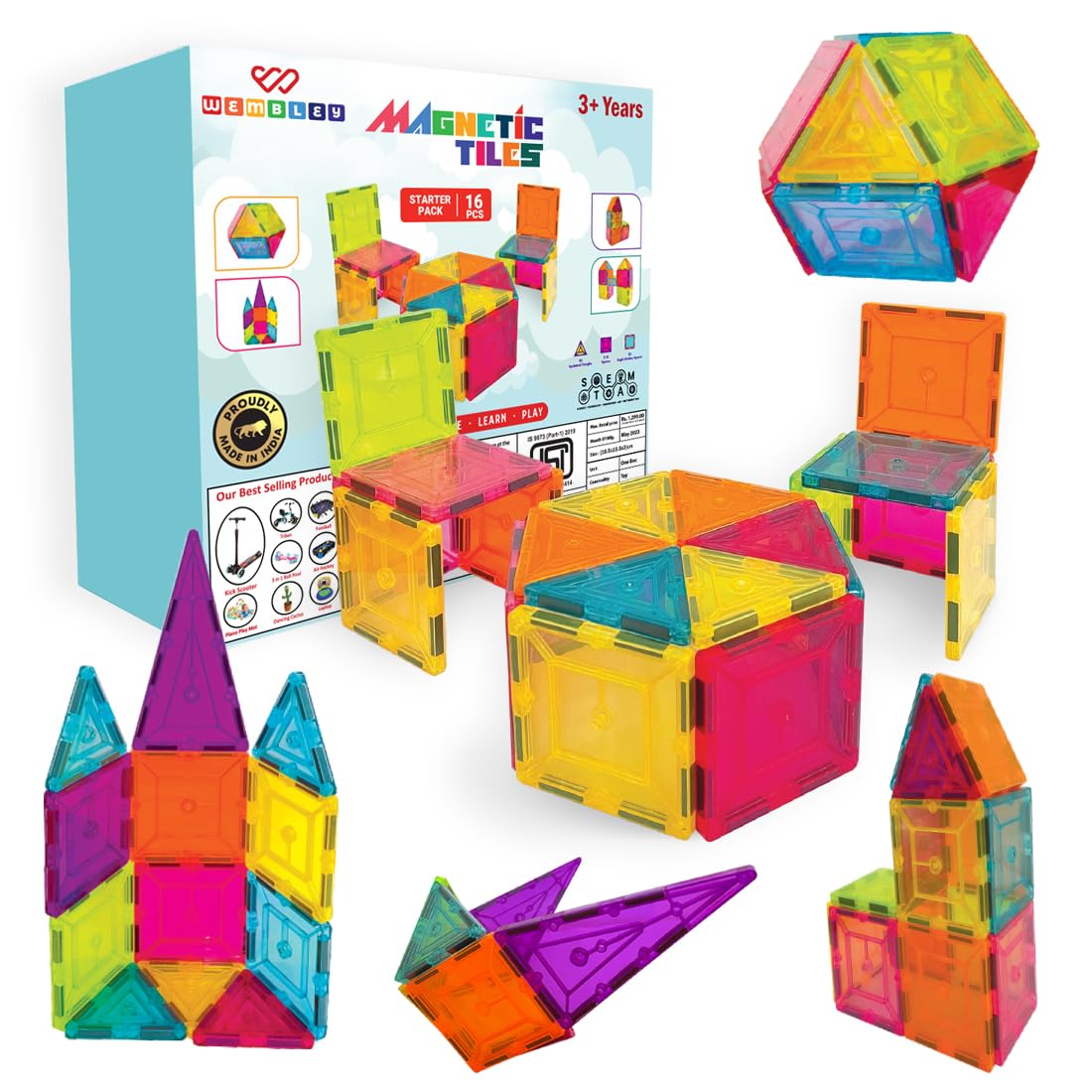 Wembley Magnetic Tiles for Kids|Magnetic Building Blocks for Kids 3 4 5 6 7 8 Yrs|Constructing&Creative Learning Educational Brain Toys|STEM Learning Kit Magnetic Toys (16 Pcs),Multicolor