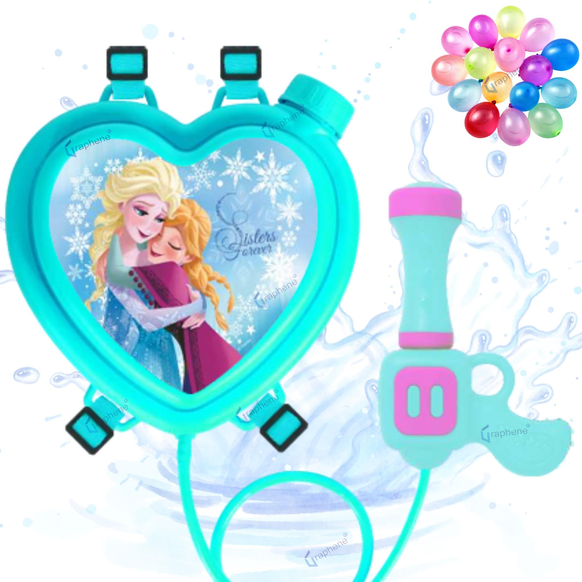 GRAPHENE Holi Pichkari Water Gun Kids 1.2L Heart Blue Tank Backpack Squirt High Pressure Water Spray Long Throw Premium Leakproof Shooting Pistol Summer Indoor Outdoor Kids Boy Girl 100 Balloons
