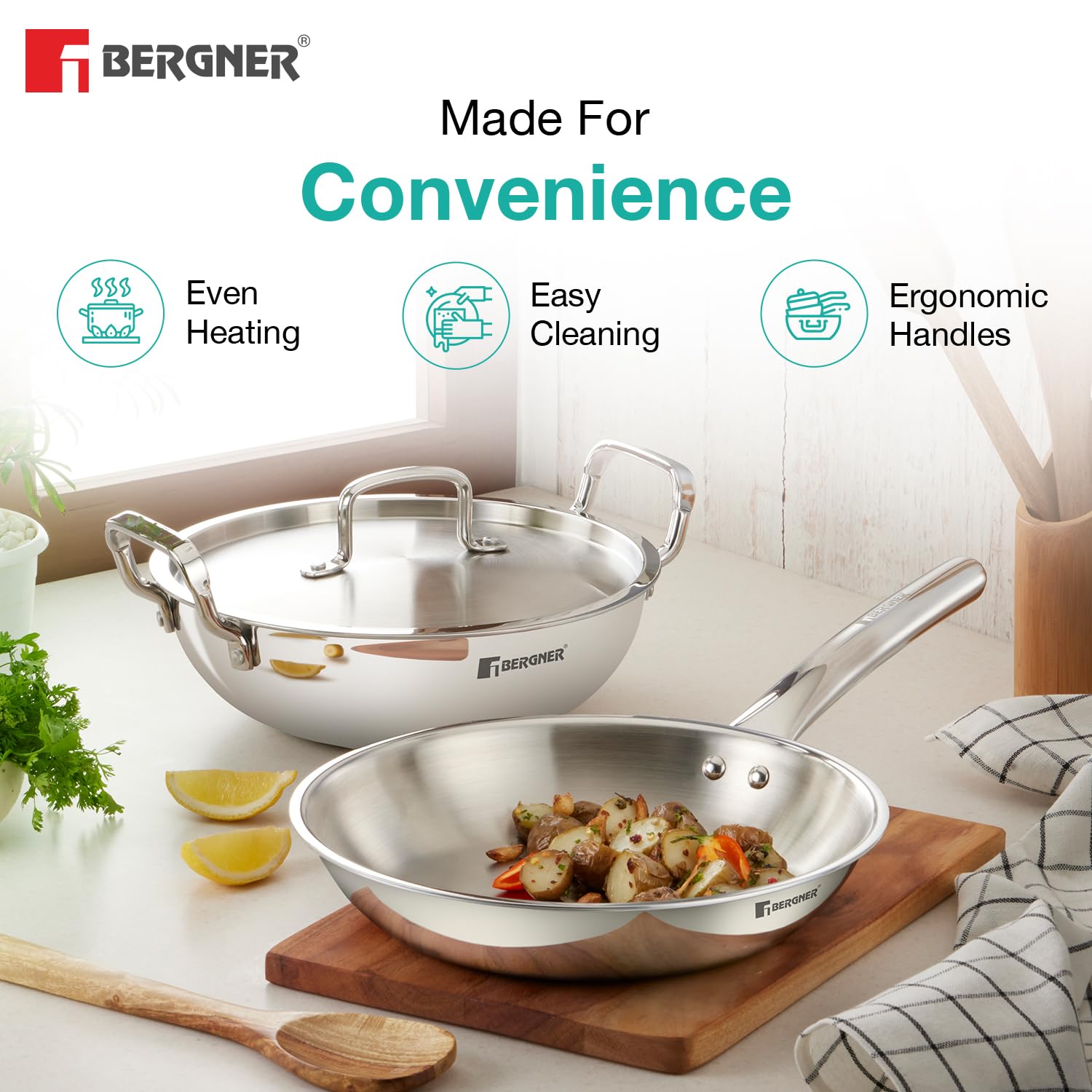 Bergner TriPro 4 Pcs Tri-Ply Stainless Steel Induction Bottom Cookware Set - 22cm (2L) Kadai and 22cm (1L) Frypan with Common Stainless Steel Lid, 14cm (1L) Teapan, Less Oil Use, Easy to Clean image 4
