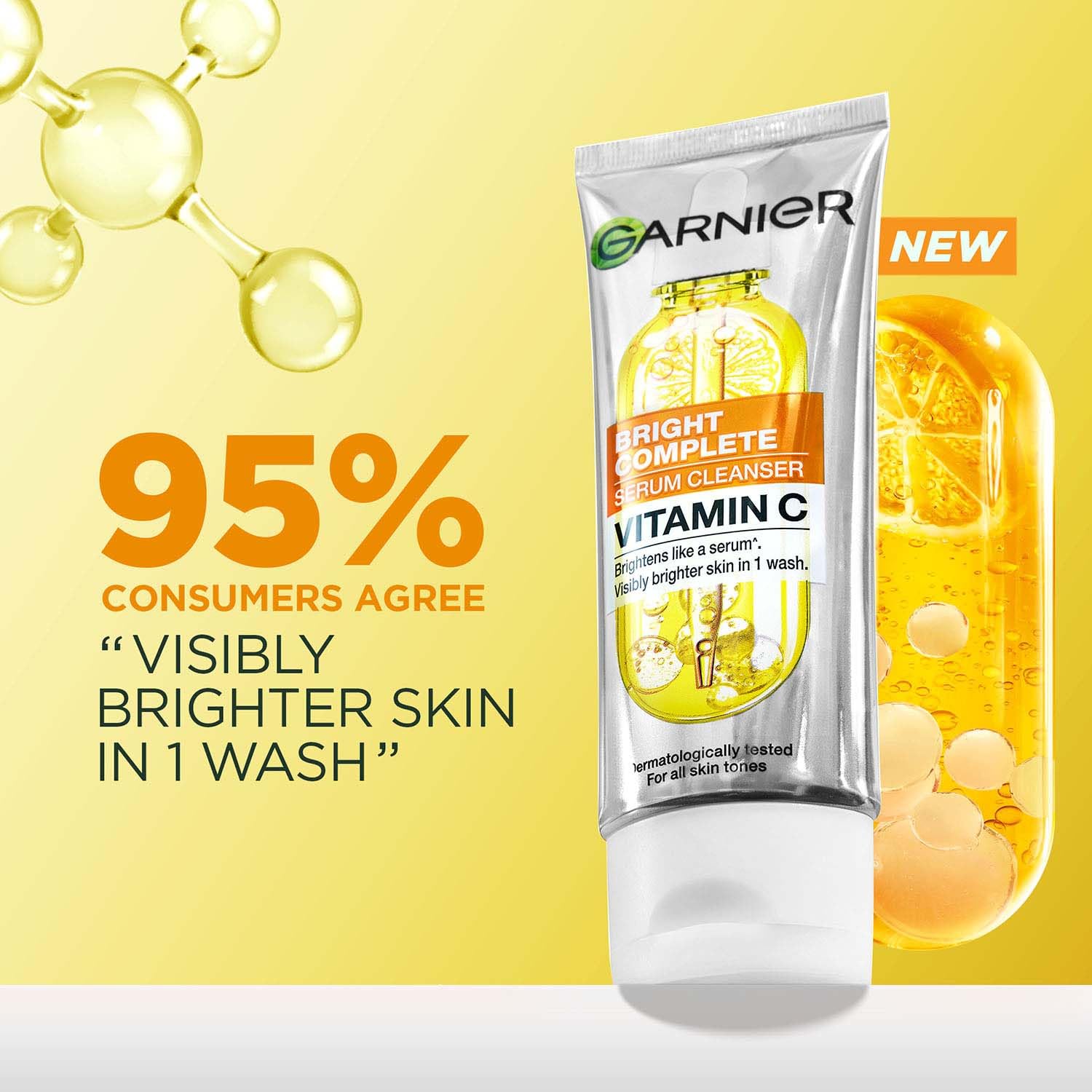Garnier Vitamin C + Serum Face Wash | Visibly Brighter Skin in Just 1 Wash | Gentle cleanser for Skin Brightening & Tan Removal | For dry, oily, sensitive skin | Facewash for Women & Men | 100gm image 4