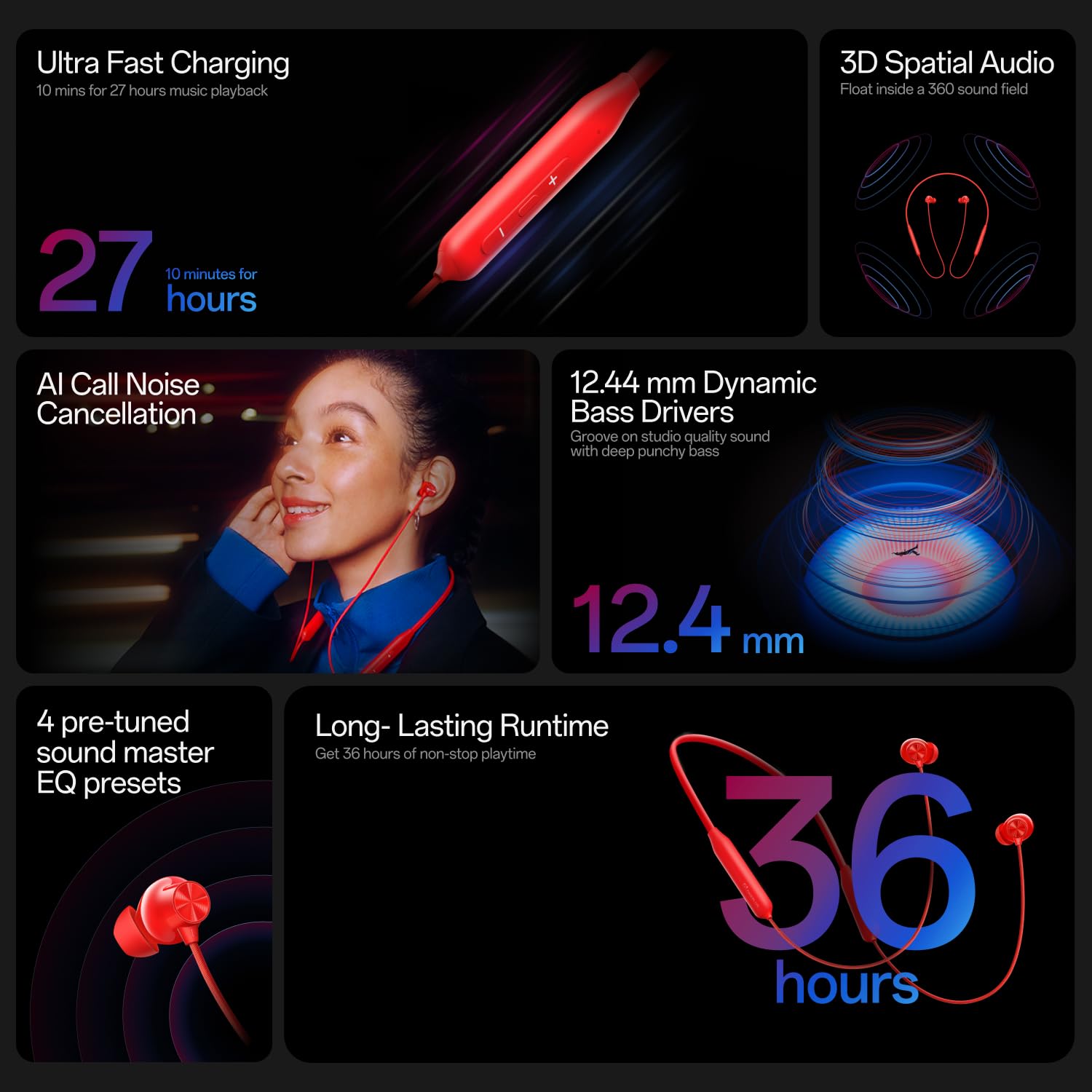 OnePlus Bullets Wireless Z3 in-Ear Neckband with 12.4mm Drivers, 3D Spatial Audio,10 mins Charge for 27 hrs Playback, 4 EQ preset, Dynamic bass Enhancement & BT5.4 image 2