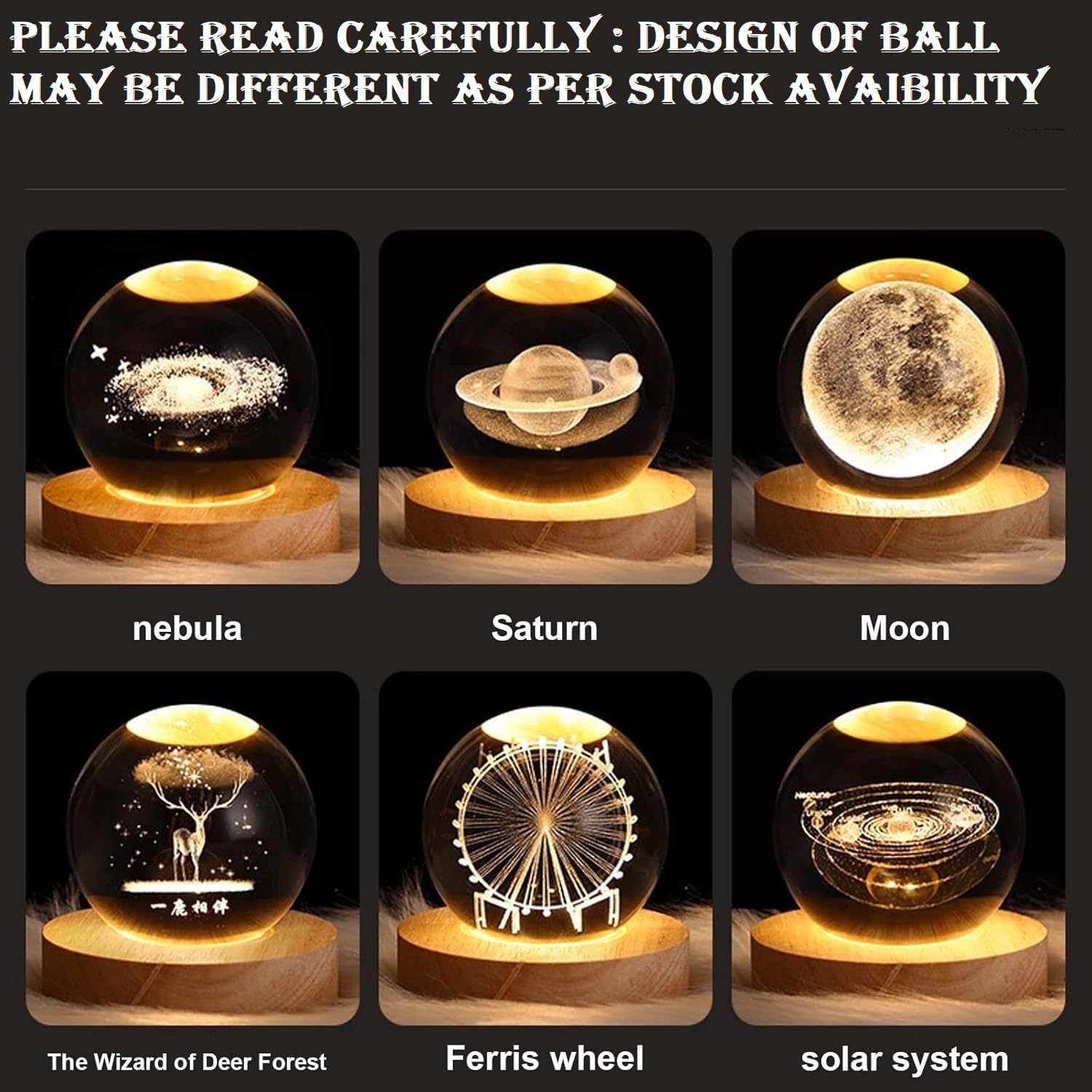3D Crystal Ball Night Lamp, Creative Engraved Night Light, USB Table LED Wooden Crystal Ball for Home Office Decoration Birthday Gift Adults (Random Design)(Warm White) image 5