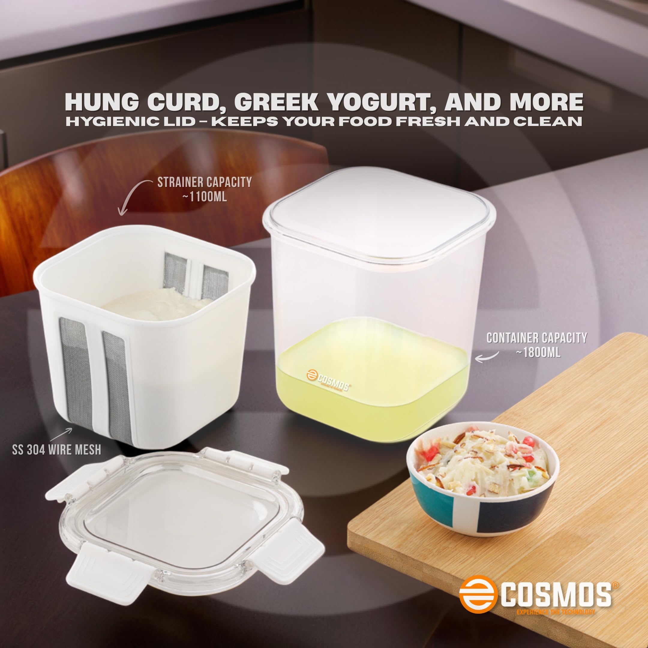 E-COSMOS® Plastic Multipurpose Greek Yogurt & Curd Maker Hung Curd - 1800ml | Durable, BPA-Free | Easy Homemade Yogurt & Cheese (Greek Yogurt Maker) (Large) image 2