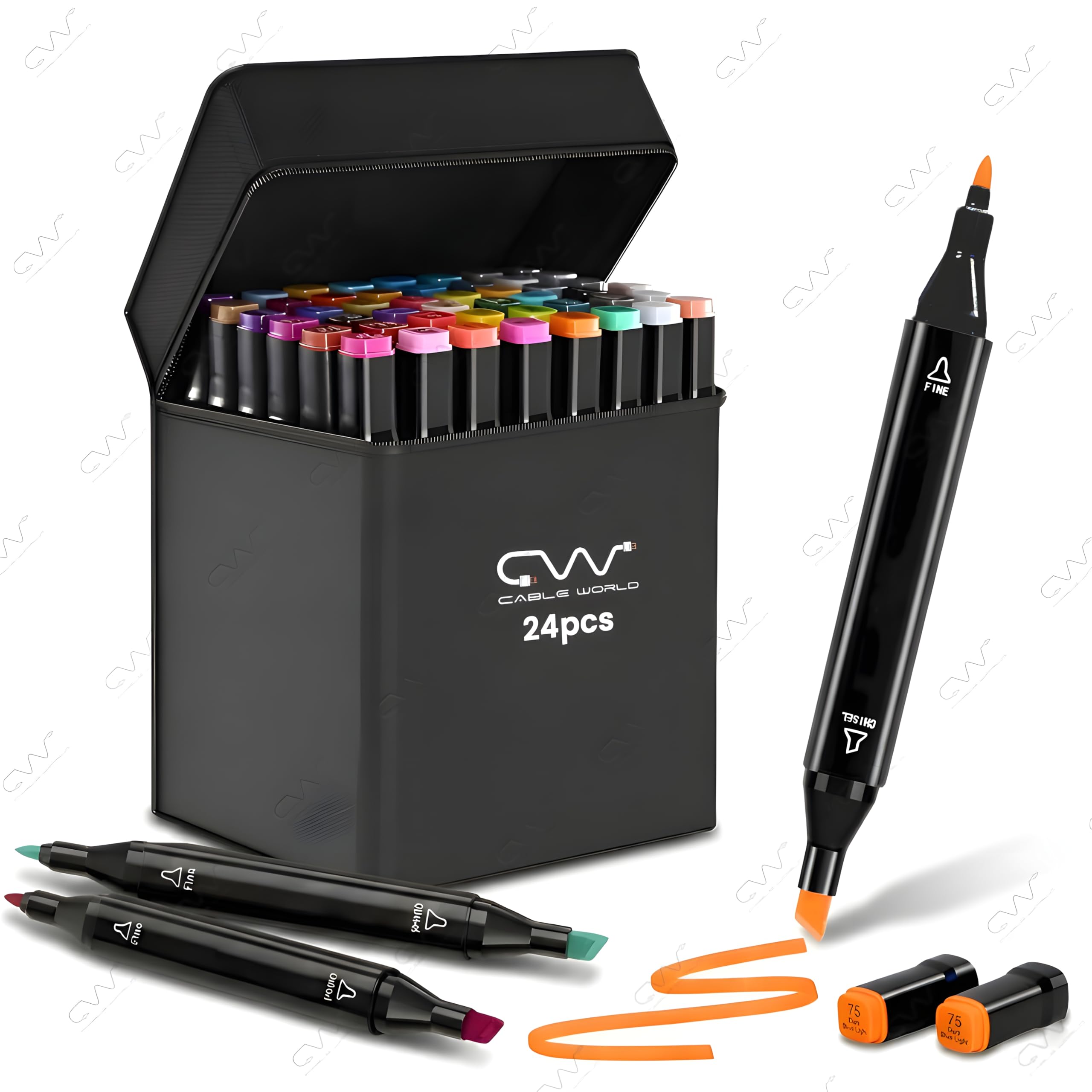 Cable World Dual Tips 24 Colors Markers Set, Art Markers for Adult Coloring Books, Artist Drawing Sketch Markers Set with Fine & Brush Tip (24 Pcs)