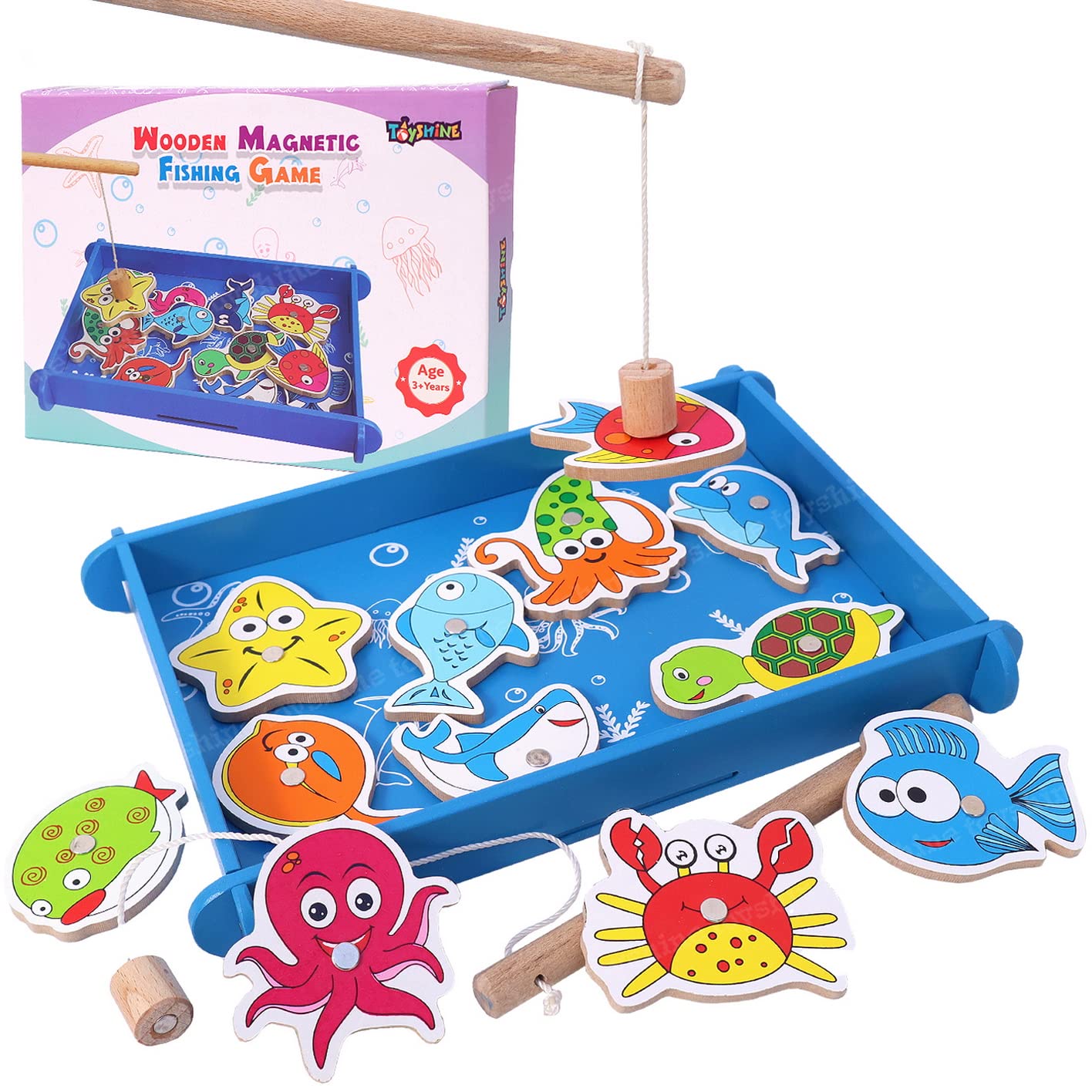 Toyshine Wooden Magnetic Fishing Game Toy with 12 Pcs - Multicolour - Kids
