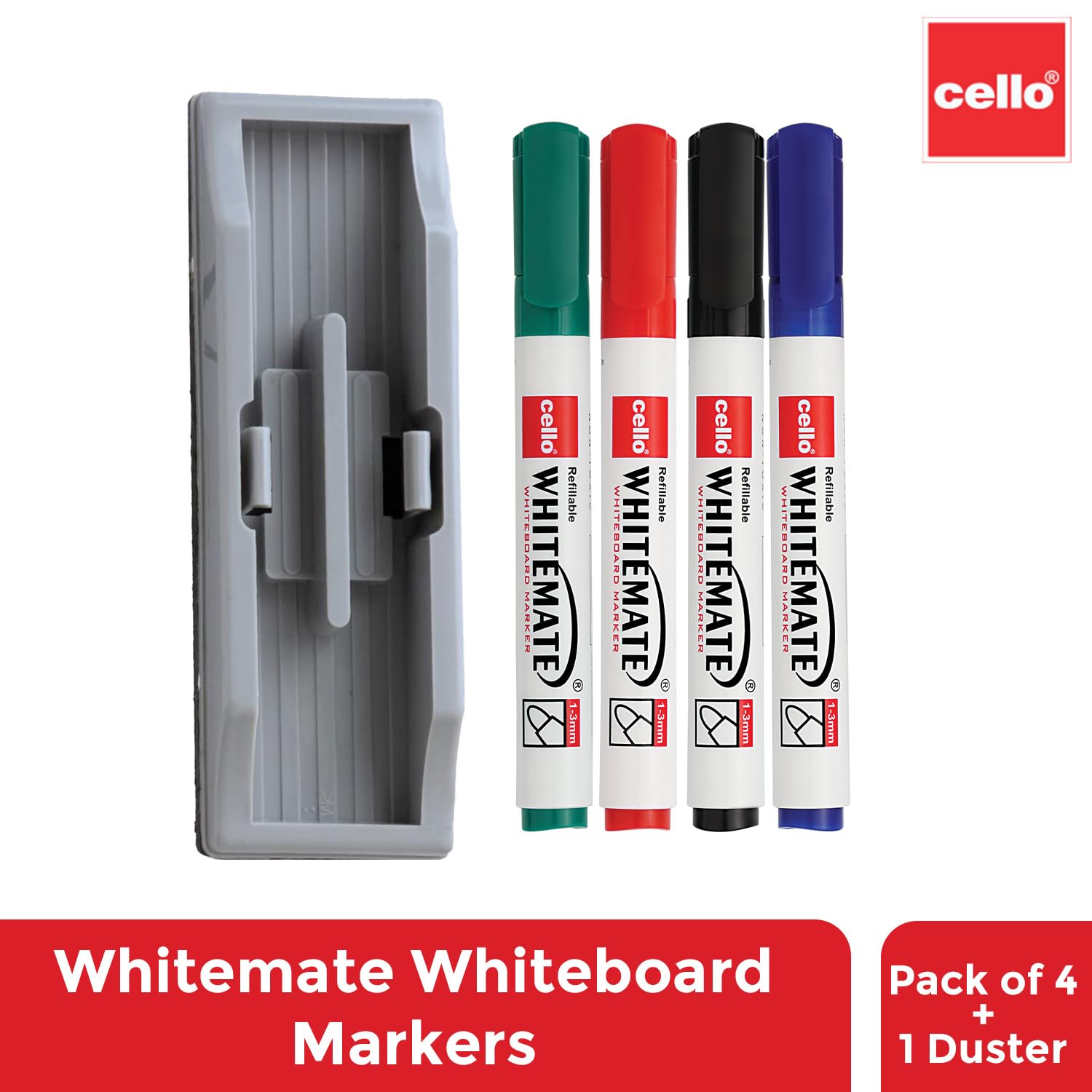 Cello Whitemate Whiteboard Markers | Set Of 4 Markers And 1 Duster | 4 Assorted Ink Colours | Bold Point Marker Pens With Easily Refillable And Erasable Ink | Writes Longer. image 2