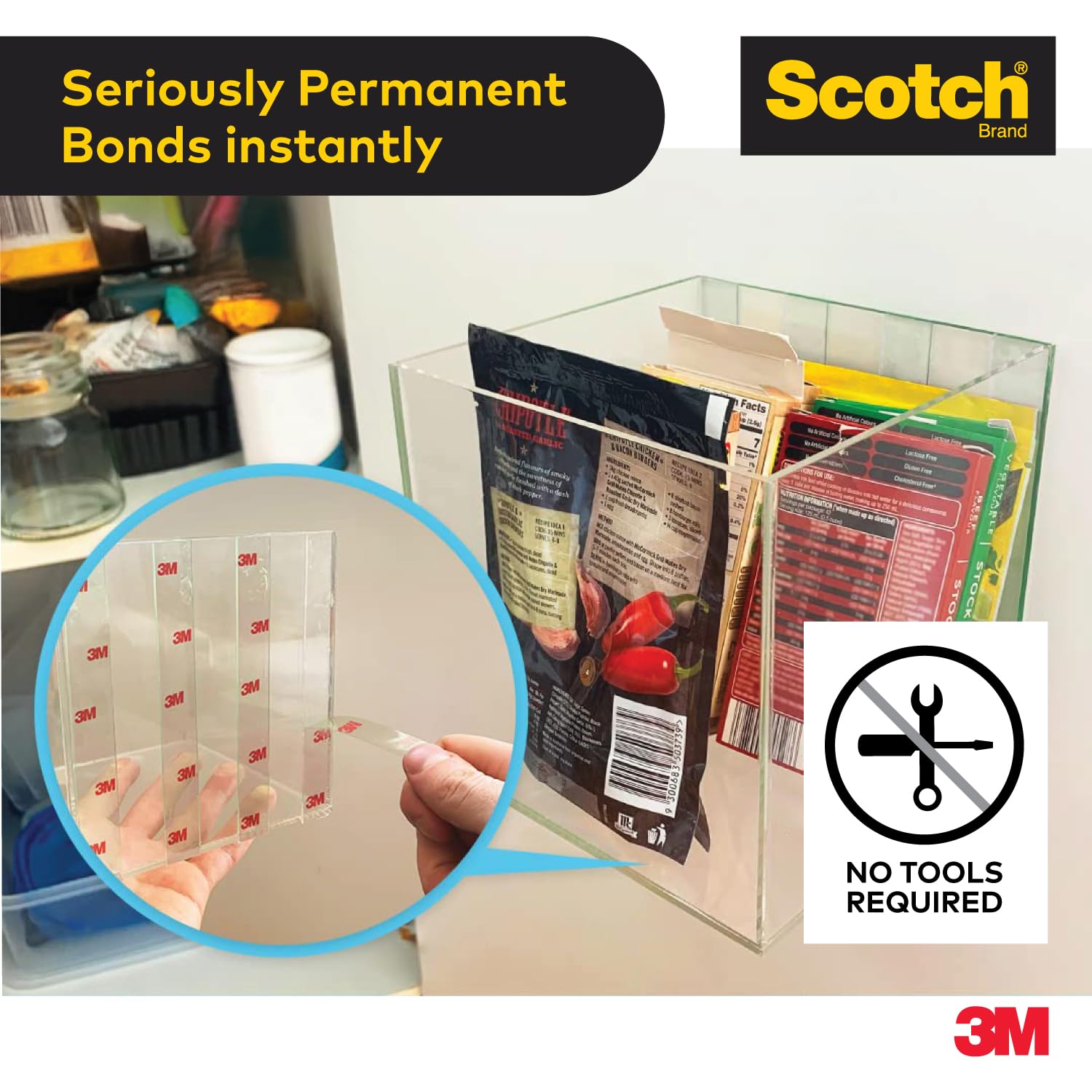 Scotch 3M Clear Double-Sided Tape, 1M Holds 3.3 Kg, Invisible Finish, for indoor hanging applications, works on uneven surfaces, Heavy Duty, Strong Adhesive, (L: 1.5m, W: 19mm), Transparent image 5