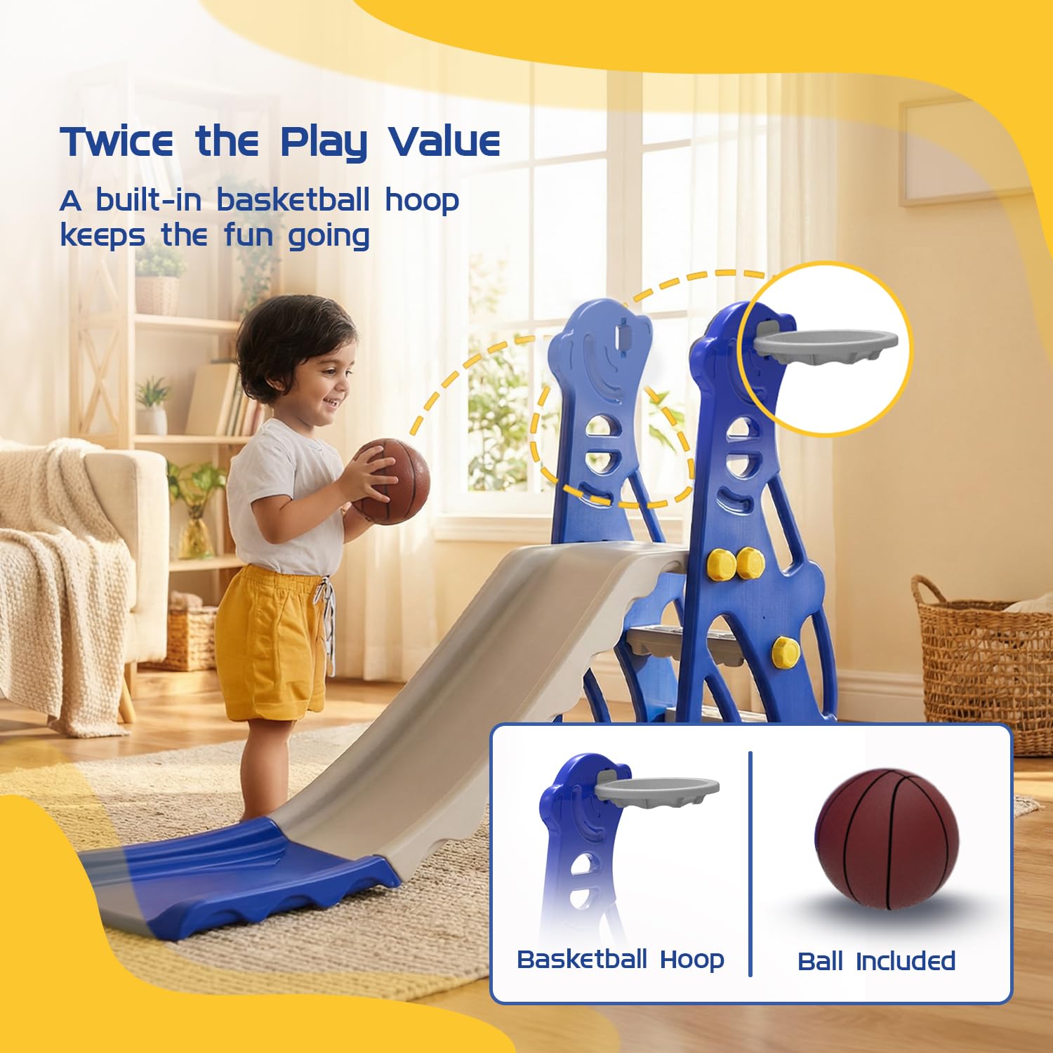 Amazon Brand – Solimo 2-in-1 Penguin Slide for Kids with Basketball Hoop with Ball| Medium | Indoor & Outdoor | Safe for Boys & Girls | Age 2-4 Years | Easy Assembly | Blue & White image 5