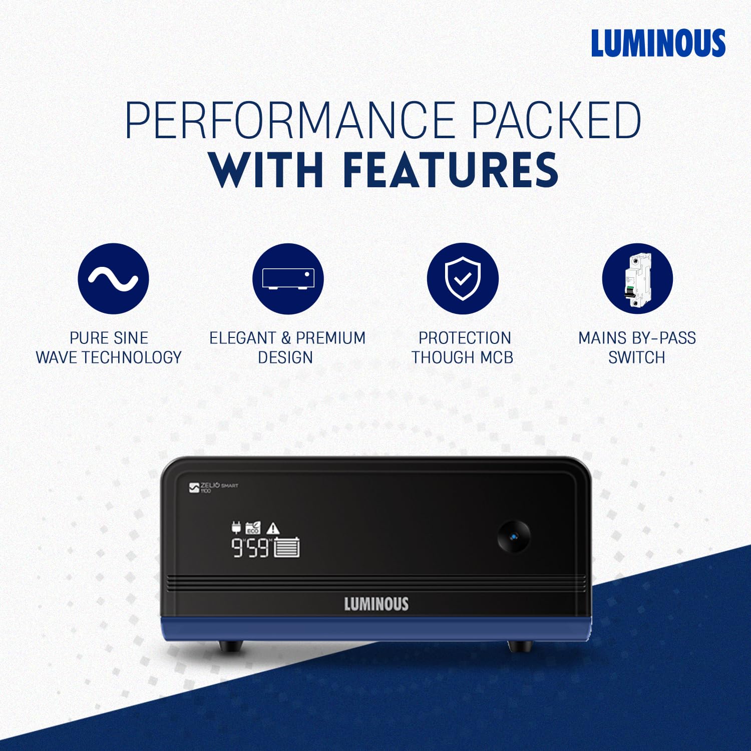 Luminous Zelio+ 1100 Inverter for Home, Office & Shops | 900VA/12V Pure Sinewave | Reliable Power Backup | Reliable Power Backup | LCD Display | Easy Installation | with 36 Months Warranty image 3