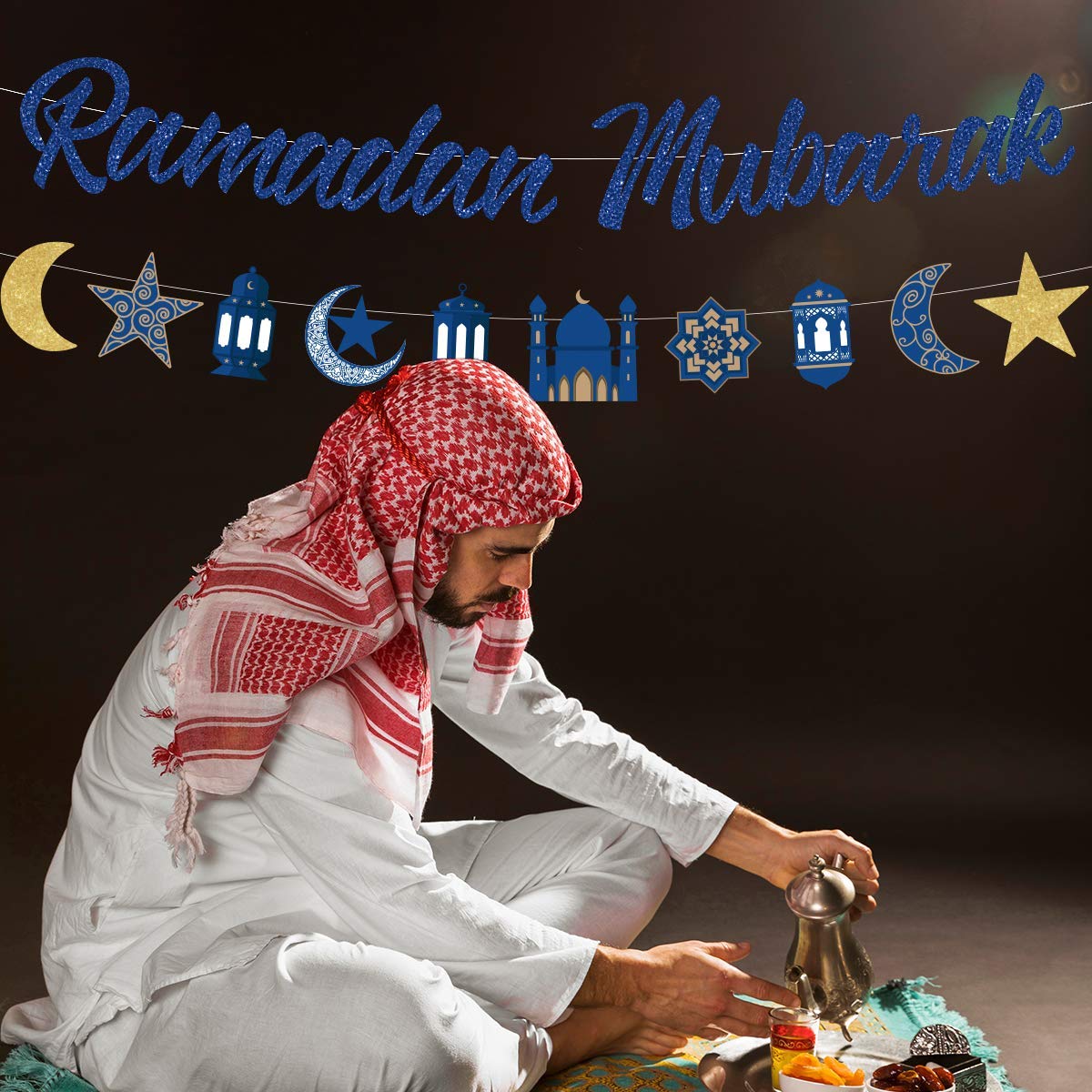 Festiko® Ramadan Mubarak Banner Decorations for Home | Gold & Blue Moon Star Bunting Garland | Eid Ramadan Islamic Hanging Party Decor | Muslim Festival Decorations (2 Pack) image 5