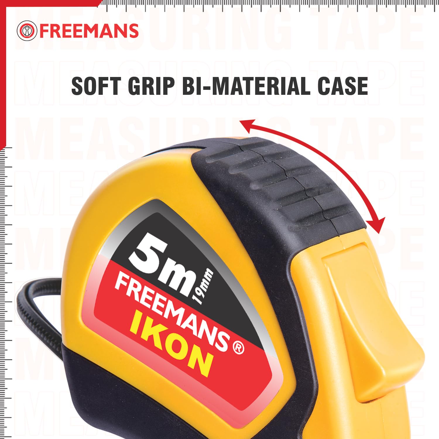 FREEMANS IKON 5m:19mm Steel Inchi Measuring Tape - 5m (Yellow & Black) With Unbreakable ABS case || Soft Grip Bi-material Case || Auto-lock and Belt Clip image 5