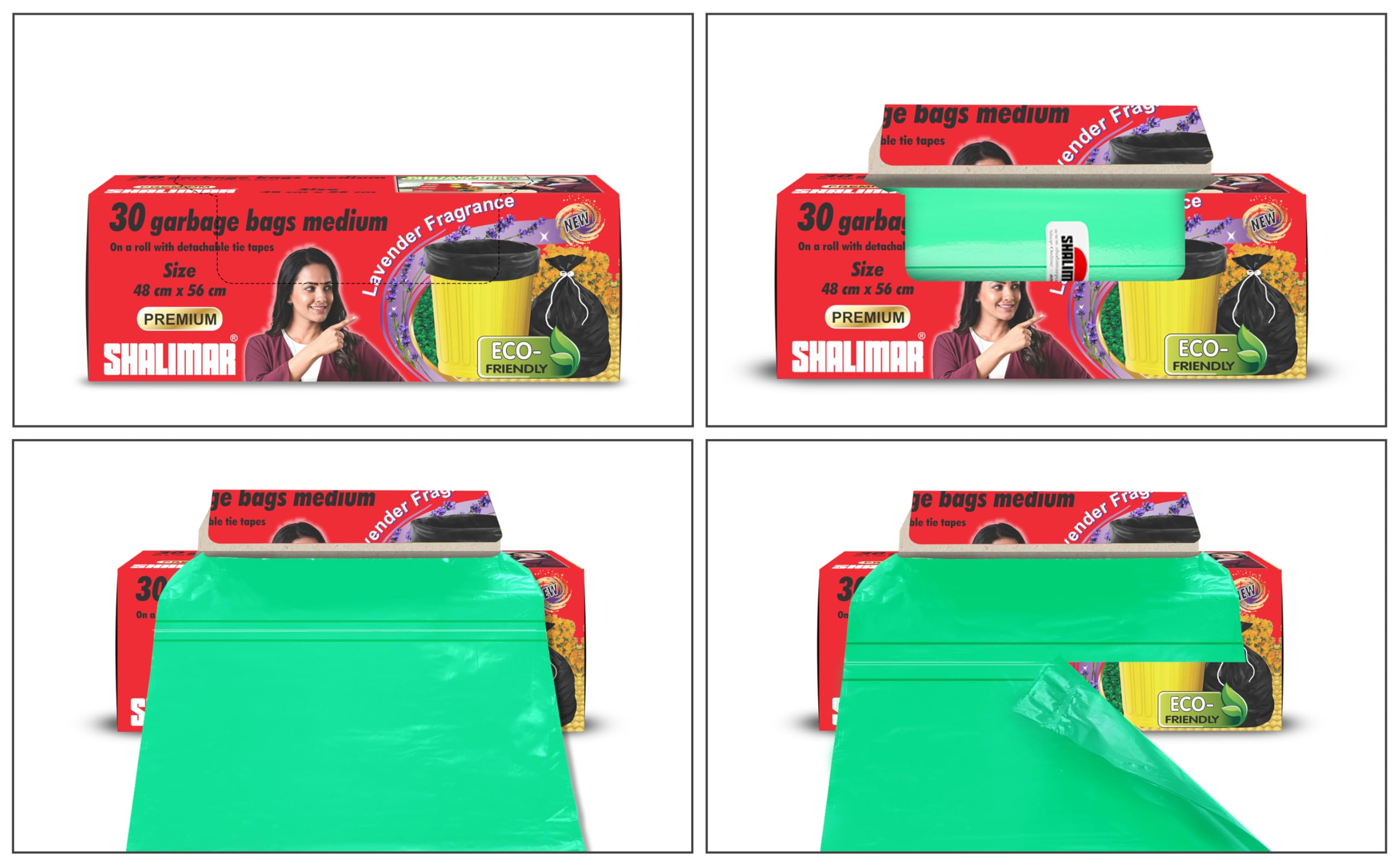 Shalimar Premium (Lavender Fragrance) Scented Garbage Bags | Medium 19 X 21 Inches | 120 Bags (30 Bags X 4 Rolls) | Dustbin Bag/Trash Bag | (Green) - Perforated Box for Easy Dispensing image 5