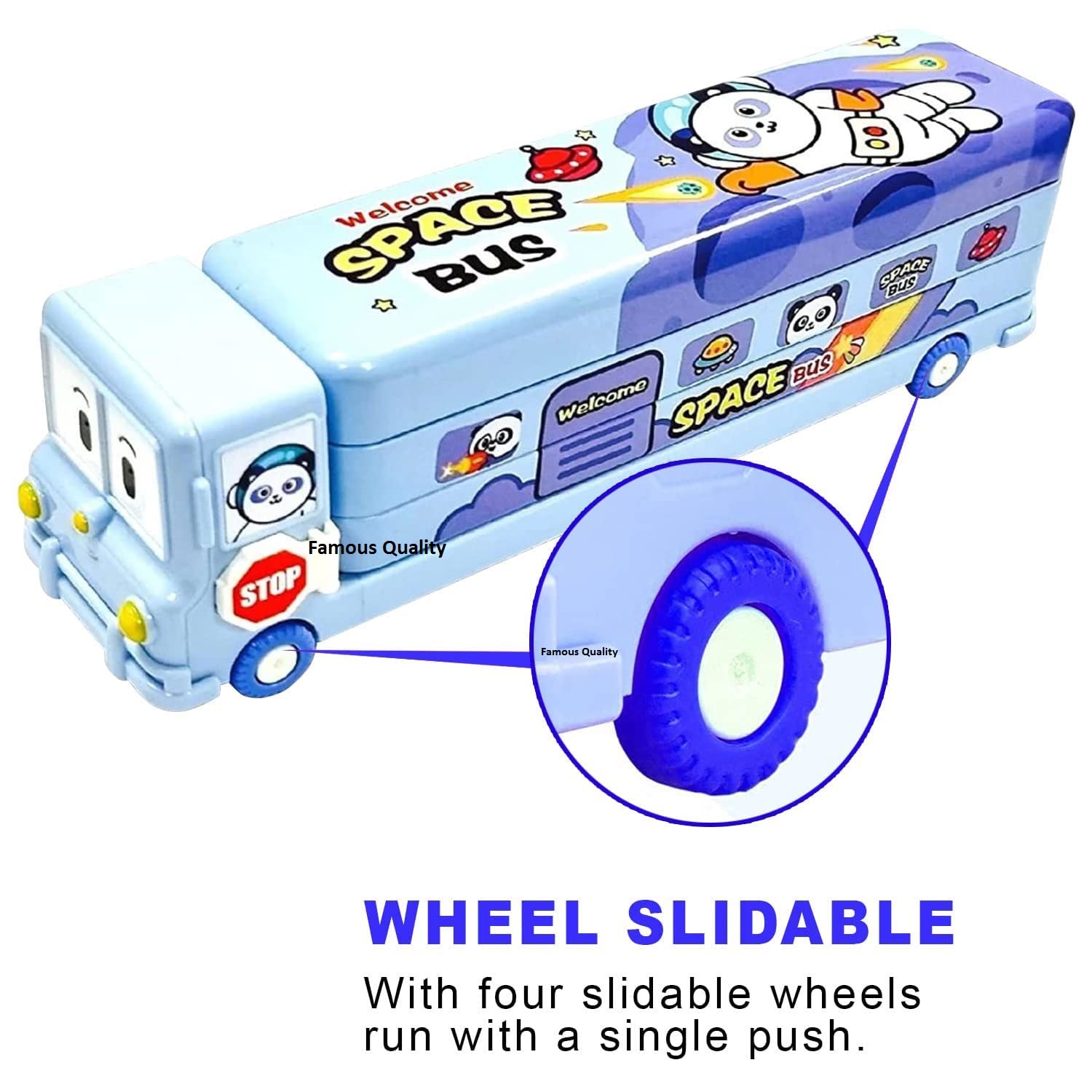 FAMOUS QUALITY® 2 in 1 - Cartoon Printed School Bus Metal Pencil Box with Moving Tyres and Sharpener for Kids - Blue,Metal image 4