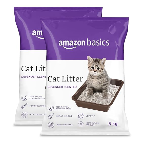 Amazon Basics Scoopable Smart White Bentonite Scented Cat Litter | 10 Kg | 5 Kg X 2 Packs | Organic | Bentonite From Turkey | Dust-Free | Lavender Fragrance image 2