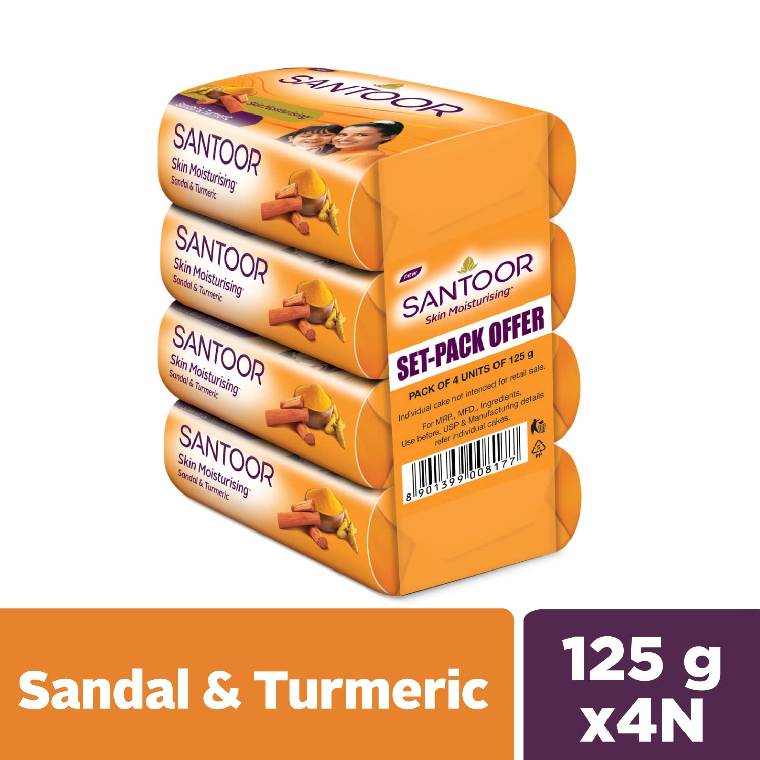 Santoor Sandal and Turmeric Soap (Pack of 4 soaps 125g each) & Santoor Sandal & Turmeric Soap for Total Skin Care, 100g (Pack of 4, Super Saver Pack) image 3