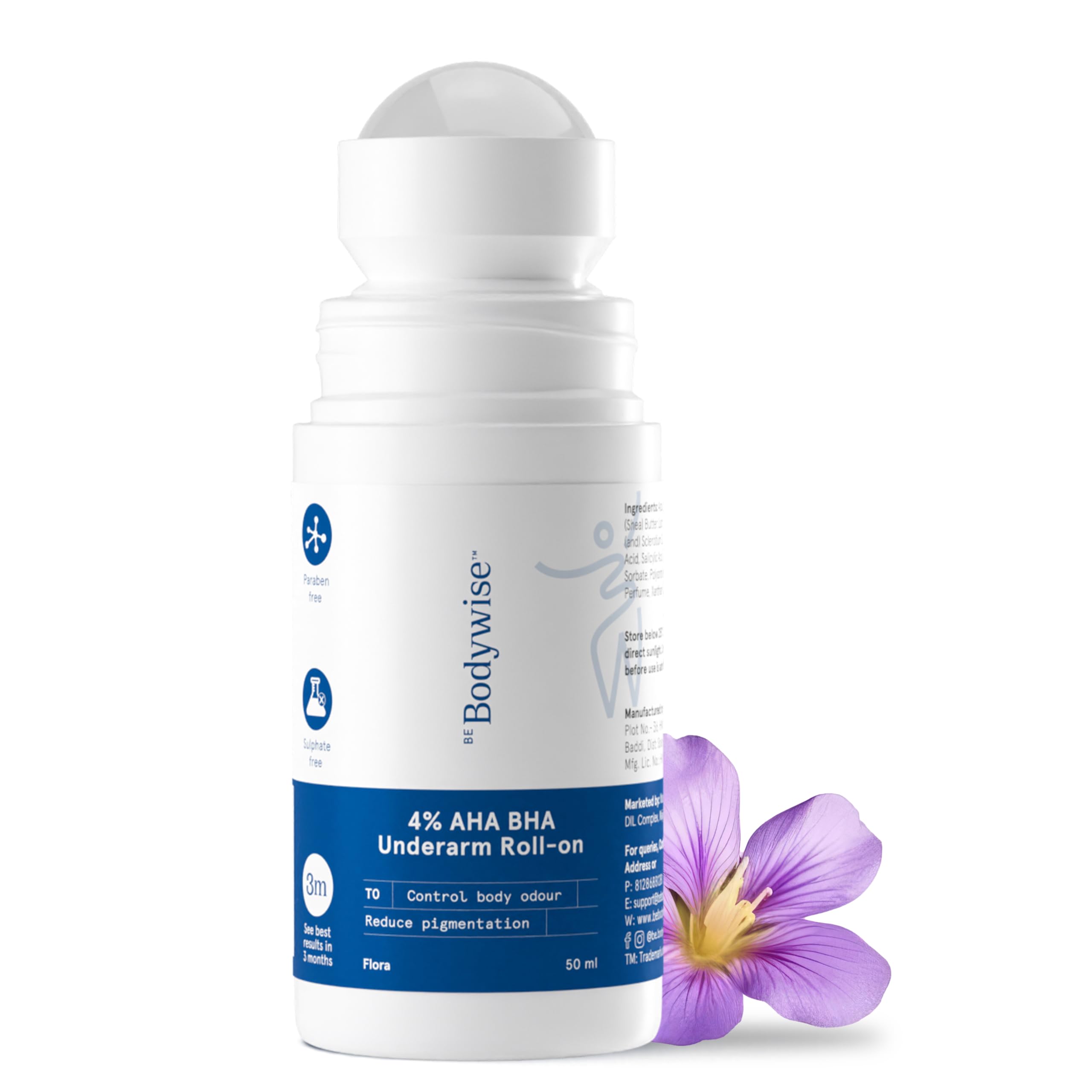 Be Bodywise 4% Aha Bha Underarm Roll On, 2% Lactic, 1% Mandelic and 1% Salicylic Acid, Controls Odour & Reduces Pigmentation, 0% Alcohol & 0% Aluminium, Flora Fragrance, 50ml