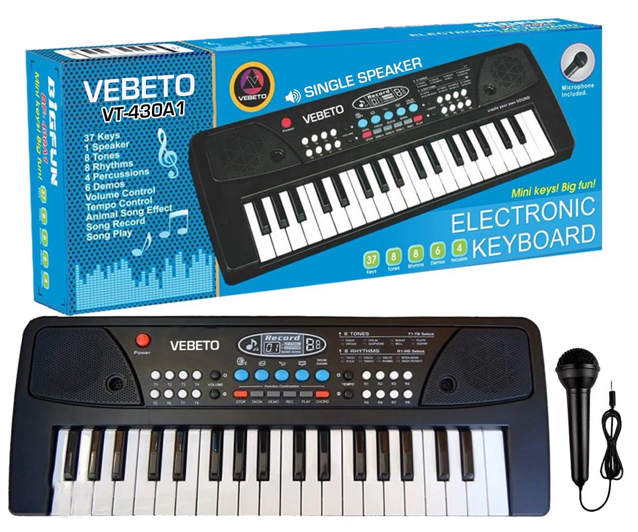 Kids Piano Keyboard with Mic (1 Year Warranty) 37 Keys 8 Rhythms 8 Tones 6 Demos Portable Electronic Keyboard Toy Beginners Educational Songs Recording Musical Toys 2 3 4 5 Years Boys Girls