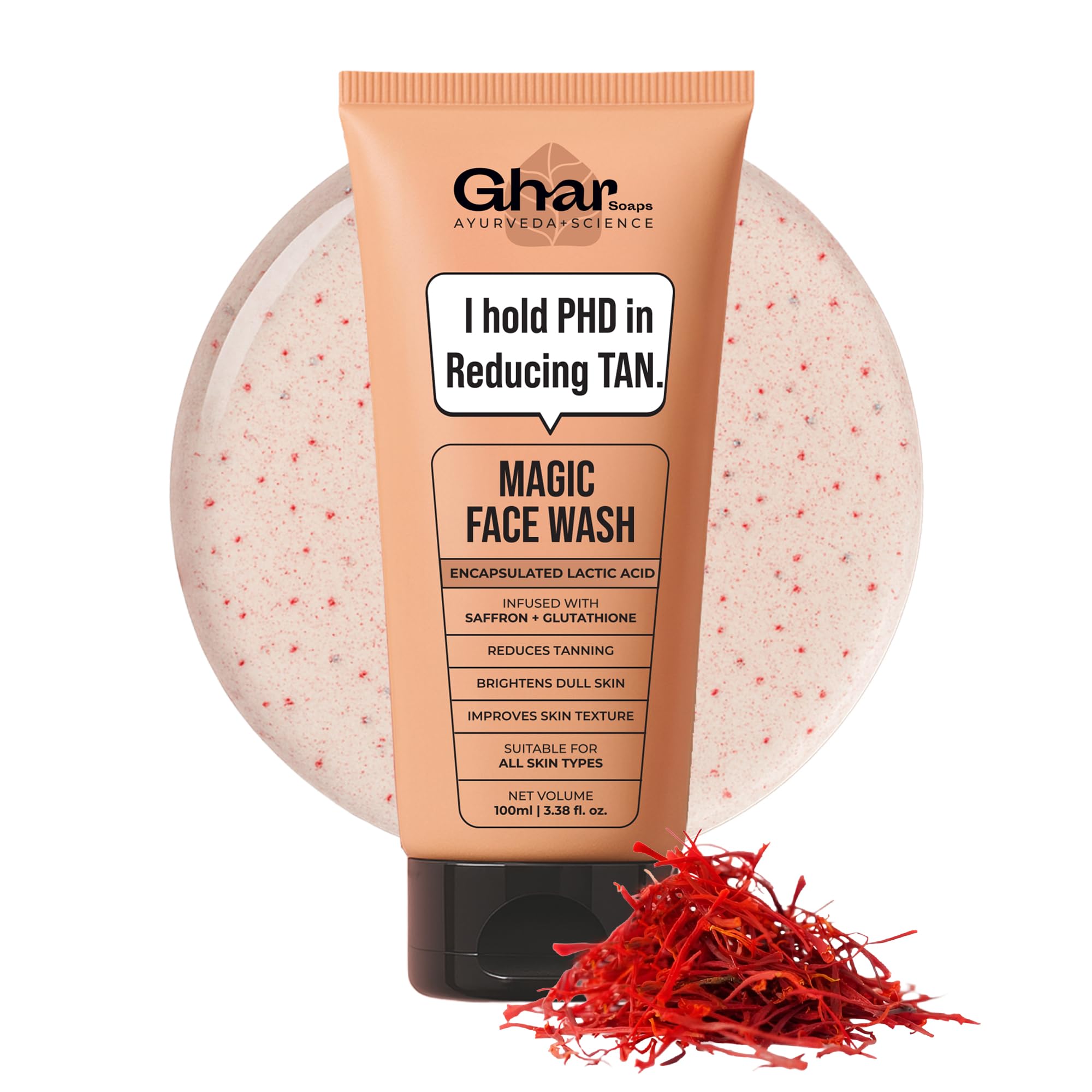Ghar Soaps Magic De-Tan Face wash With Saffron & Glutathione 100ml | Tan Removal, Brightening and Glowing Skin I For All Skin Type I For Men & Women