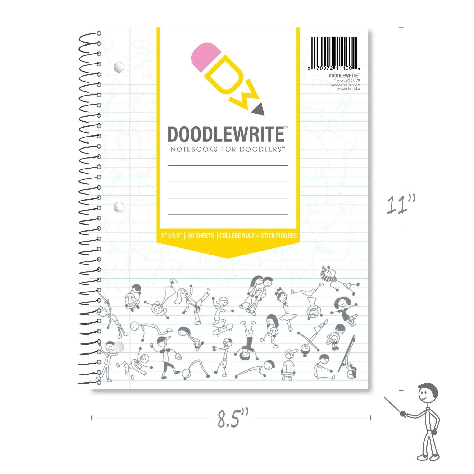 DoodleWrite College Ruled Wirebound Spiral Notebook, Includes Doodle Prompts to Keep Focus, Spark Creativity/Imagination, Relieve Stress, 11