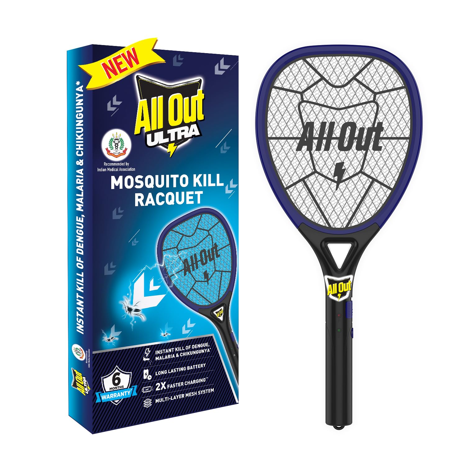 All Out Mosquito Kill Racquet | 2X Faster Charging* | Mosquito Bat | Racket to Kill Mosquitoes Instantly | 6 Months Warranty | Long Lasting Battery | Recommended by Indian Medical Association