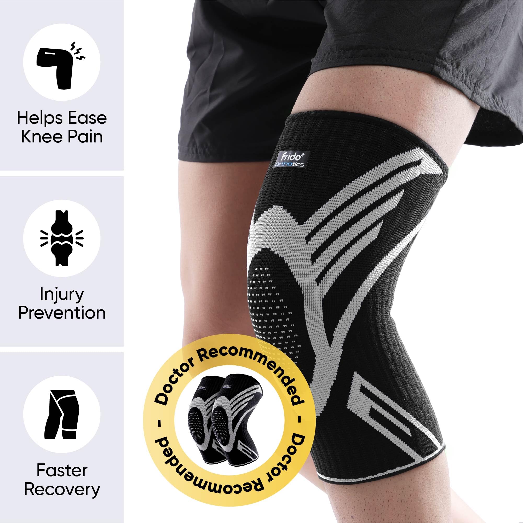 Frido Active Knee Cap Support for Men & Women | Active Compression for Pain Relief & Joint Support | Knee Sleeve for Gym, Running, Jogging, Sports & Workout | Anti-Sweat Knee Brace (1 Pair) Black, Large image 2