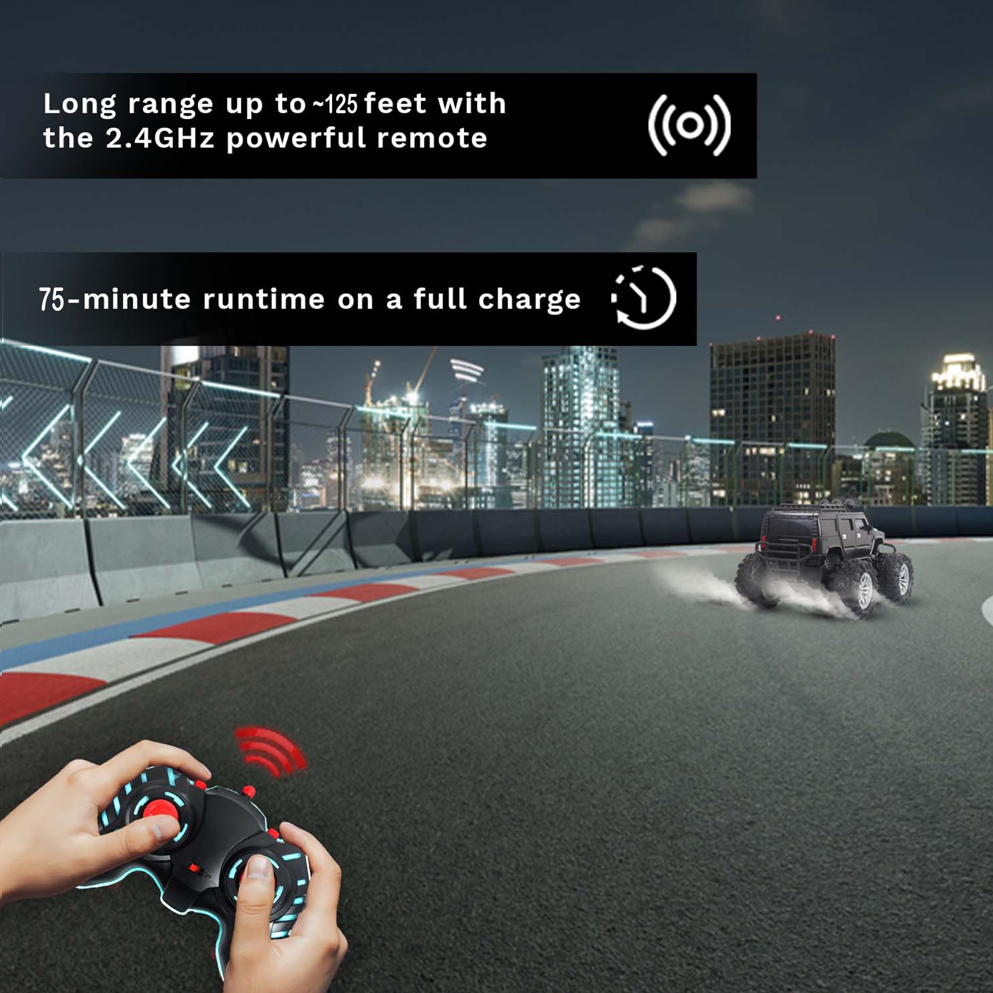 popsugar Off Roader Rechargeable Remote Control Car | RC Car Monster Truck | 4 Headlight Modes | Lithium Battery | C-Type Charging | 2.4GHz Remote Controller | Made in India, Black image 3