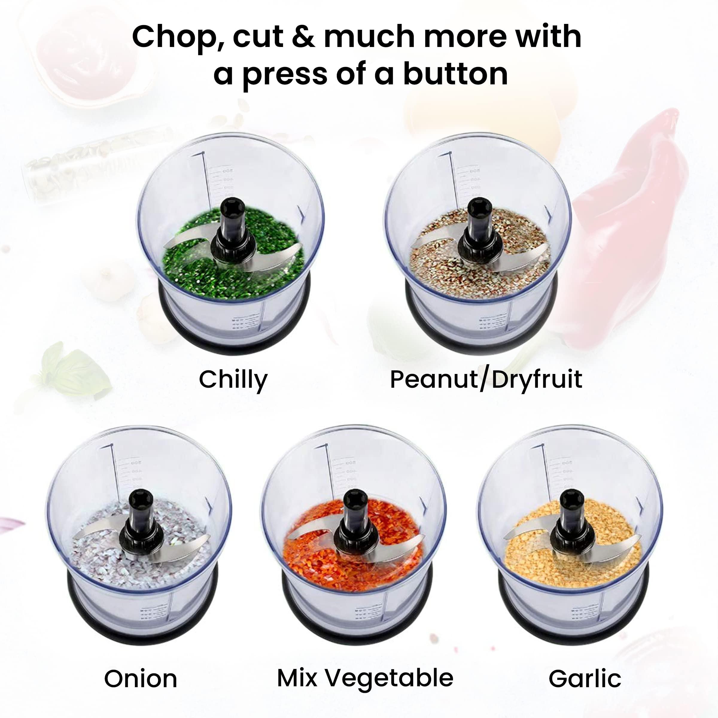 AGARO Electric Chopper, 400 Watts, Vegetable Chopper, Cutter, 100% Pure Copper Motor, Chop, Mince, Dice, Twin Stainless Steel Blade, 500 Ml, One Touch Operation, Elegant, Black. image 3