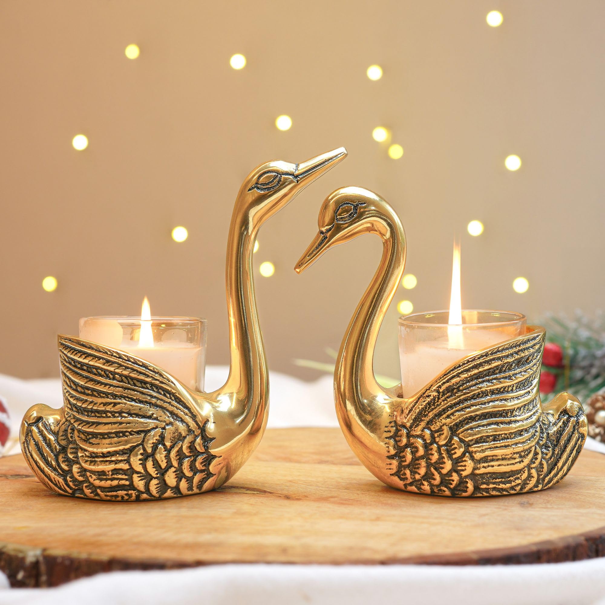 BEHOMA Aluminium Pair of Swans for Good Luck | Feng Shui Love Gifts Candle Holder for Home Decor Living Room | Showpiece Wedding Gift for Valentine's Day for Couple (Candles not Included) Gold