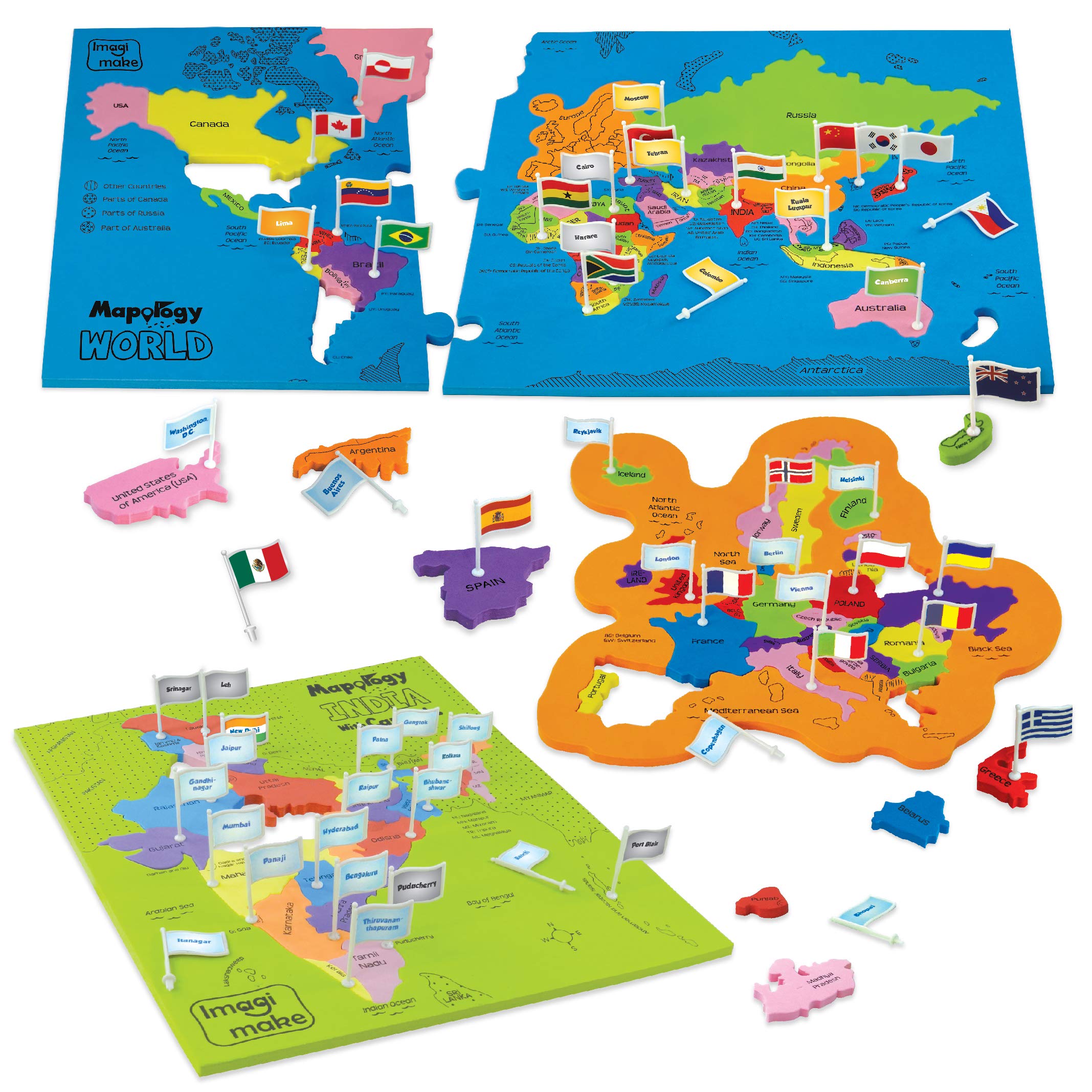Imagimake: Mapology India and World Maps with Capitals - Learn Capitals and Country Flags - Educational Toy for Kids Above 5 Years, Multicolor