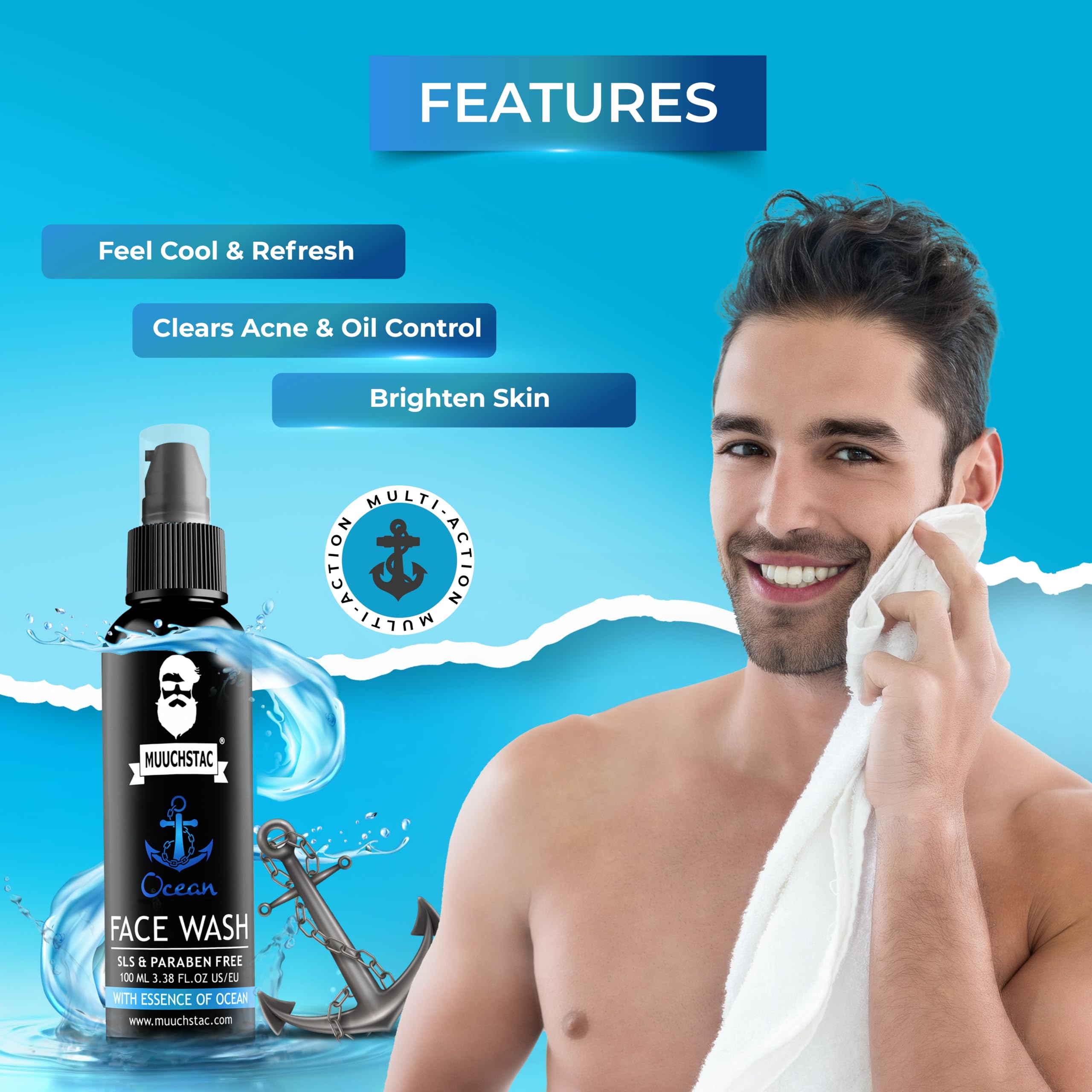 Muuchstac Ocean Face Wash for Men | Fight Acne & Pimples, Brighten Skin, Clears Dirt, Oil Control, Refreshing Feel - Multi-Action Formula (3x100 ml) image 2