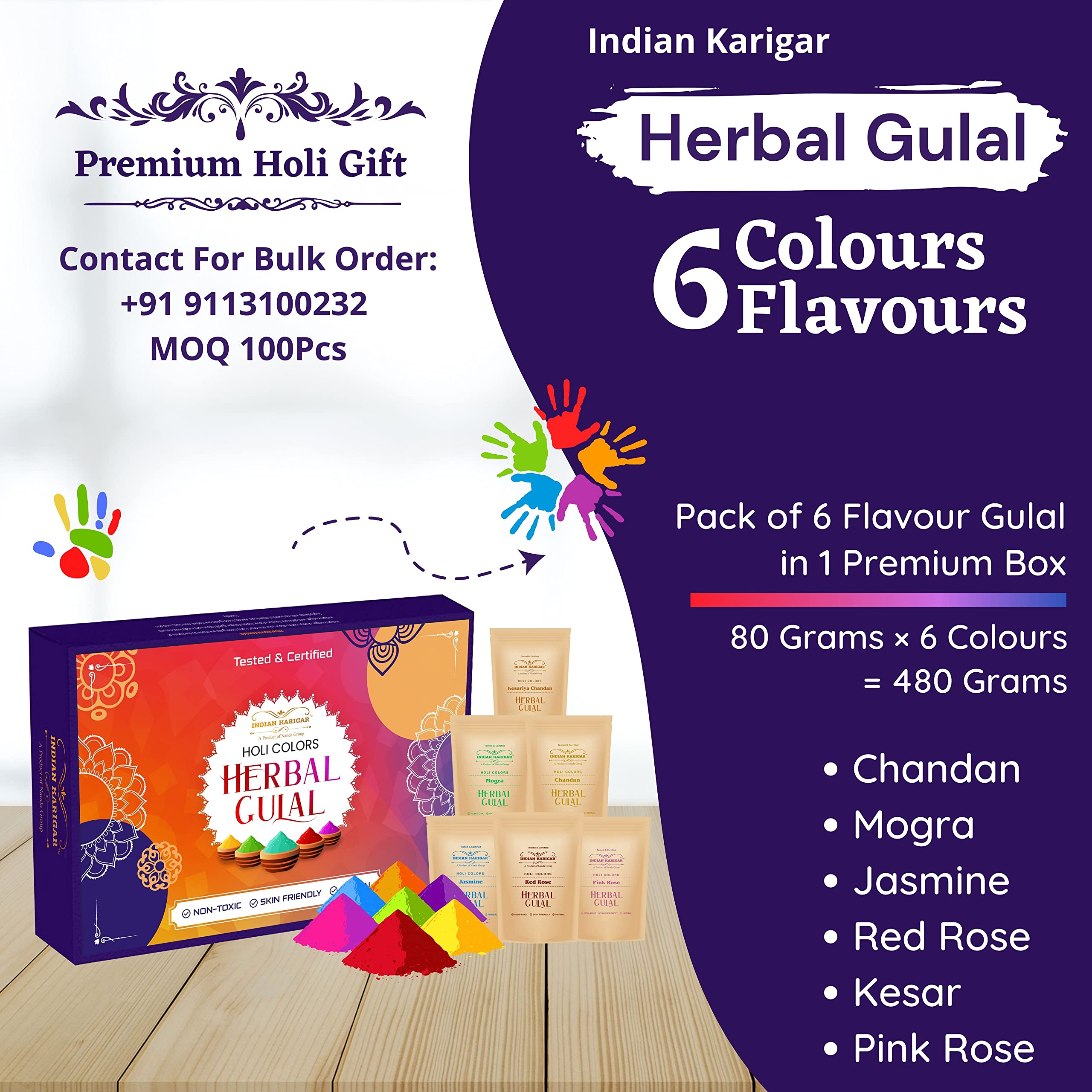 Starch Holi Gulal for Holi Colour 480g 6 Flavor × 80g Herbal Gulal Organic Holi Colours for Family Non Toxic Holi Color Organic Skin Safe Holi Colors Holi Gifts Pack of 6 Multicolor image 3