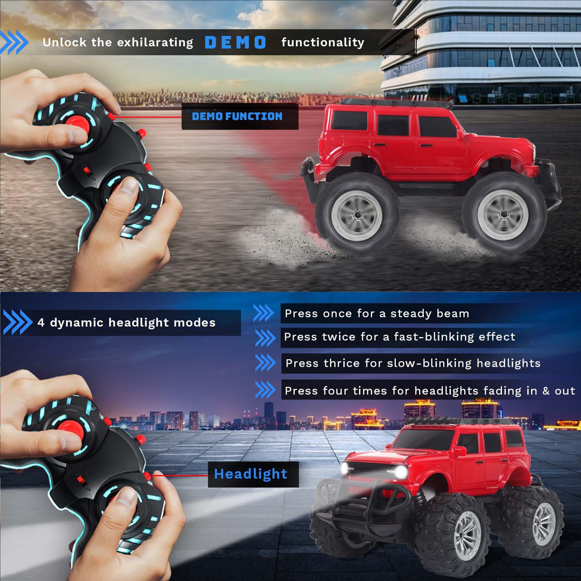 popsugar Off Roader Rechargeable Remote Control Car | RC Car Monster Truck | 4 Headlight Modes | Lithium Battery | C-Type Charging | 2.4GHz Remote Controller | Made in India, Red image 3