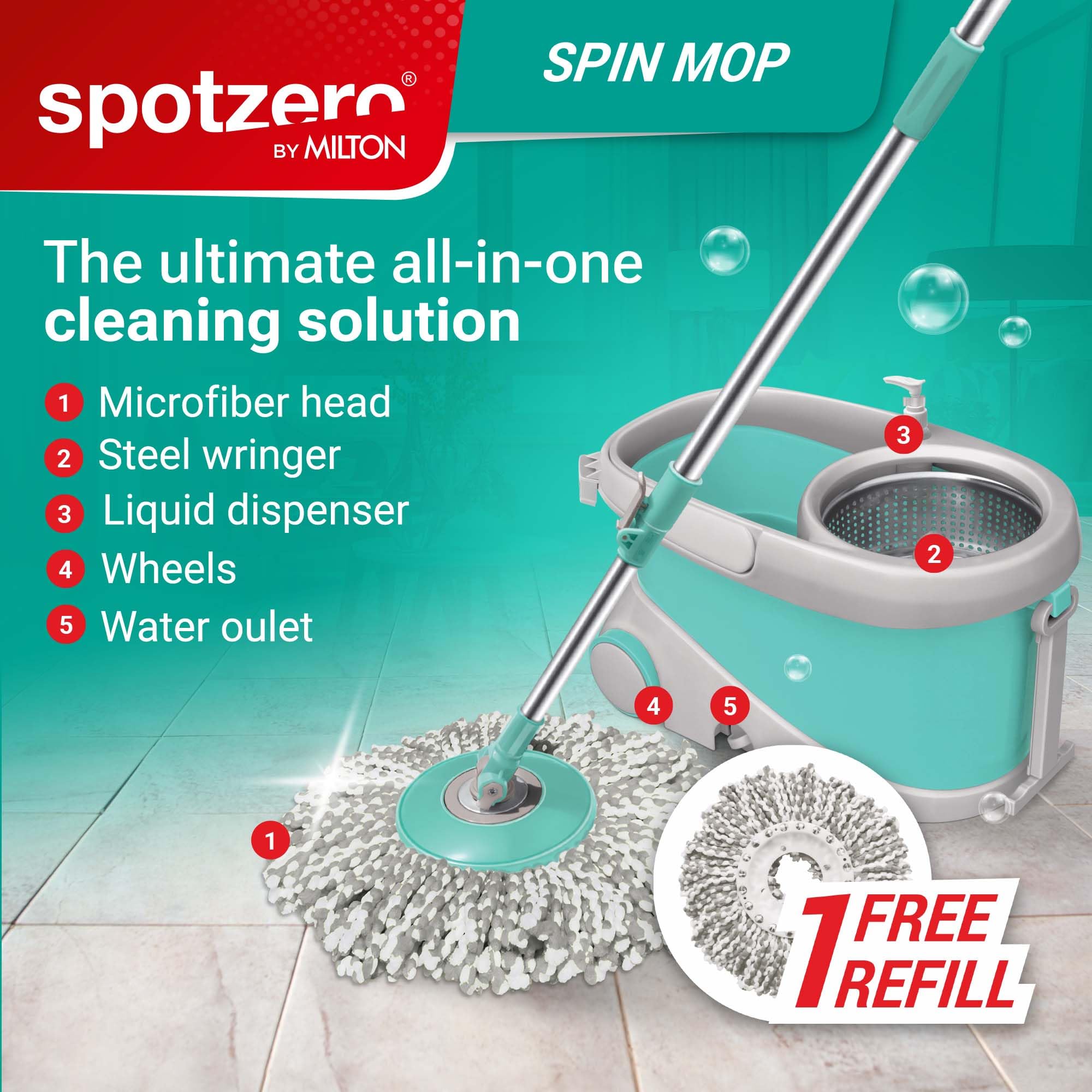 Spotzero by Milton Prime Stainless Steel Wringer Spin Mop with Big Wheel, Puller Handle, Bucket Floor Cleaning and Mopping System 360° Flexible,2 Microfiber Refills, Big Size, Aqua Green image 2