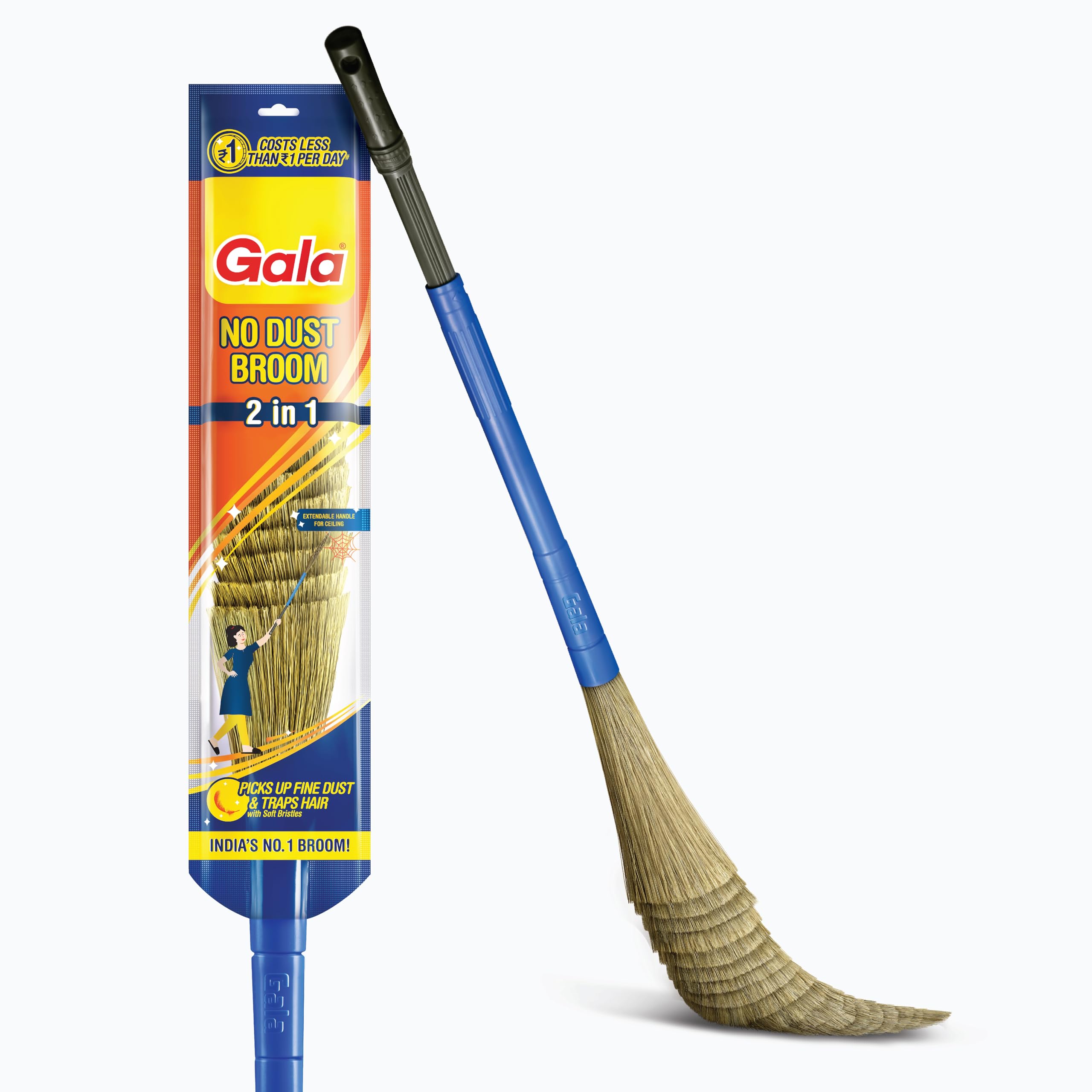 Gala No Dust Broom 2 in 1 with Extendable Handle for Ceiling and Floor Cleaning, Long Handle Jhadu