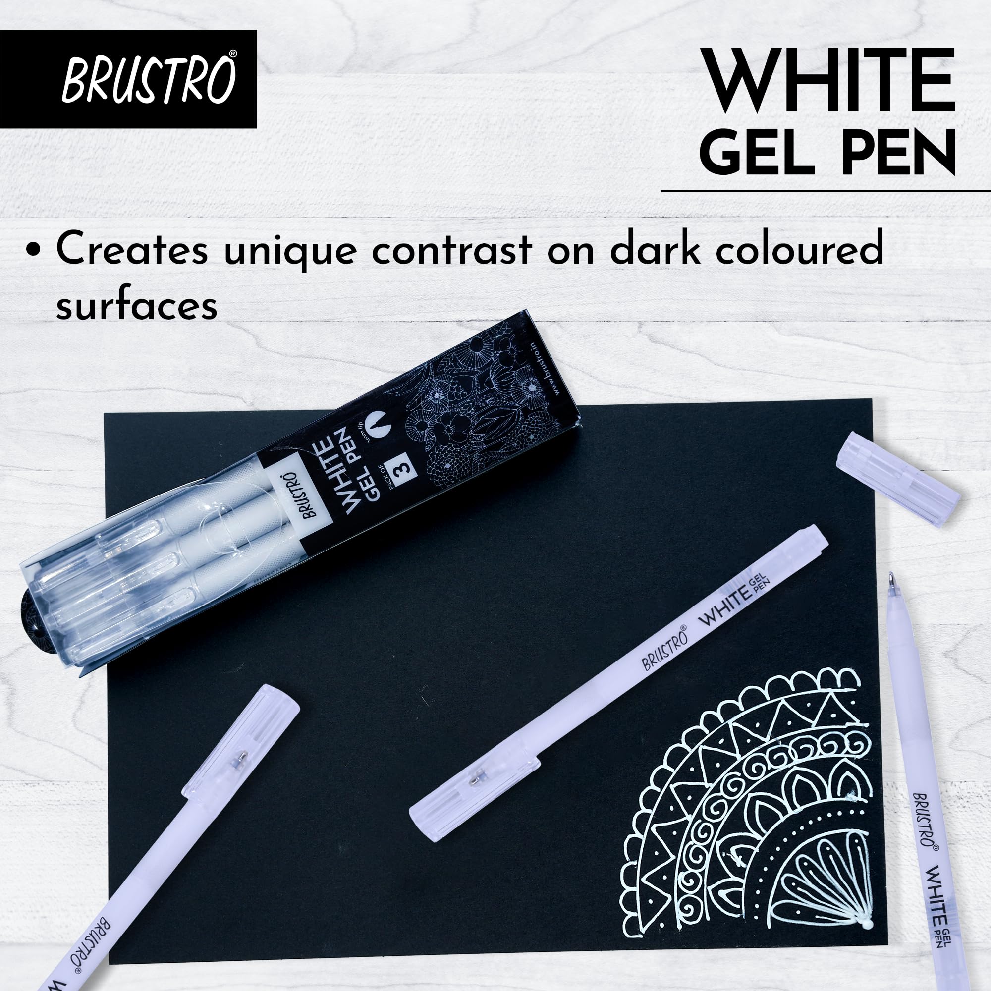 BRUSTRO White Gel Pen | Tip size -1 mm|Pack of 3 | Ideal for Students and Adults, Drawing, Mandala Arts, Students, Office Use, Writing, Pen Set image 5