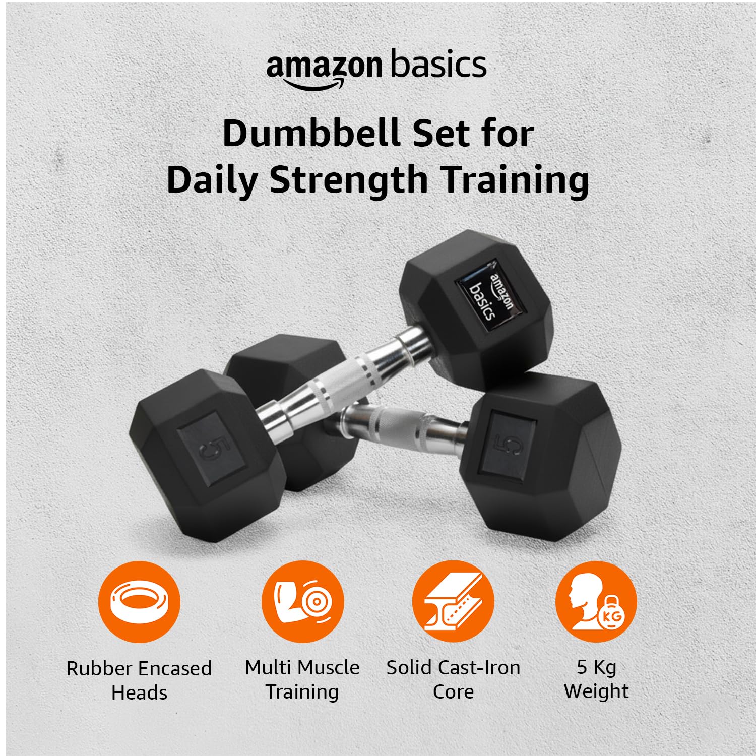amazon basics Rubber Encased Hex Dumbbell Weight Set Of 2, 5 Kg,Black image 2
