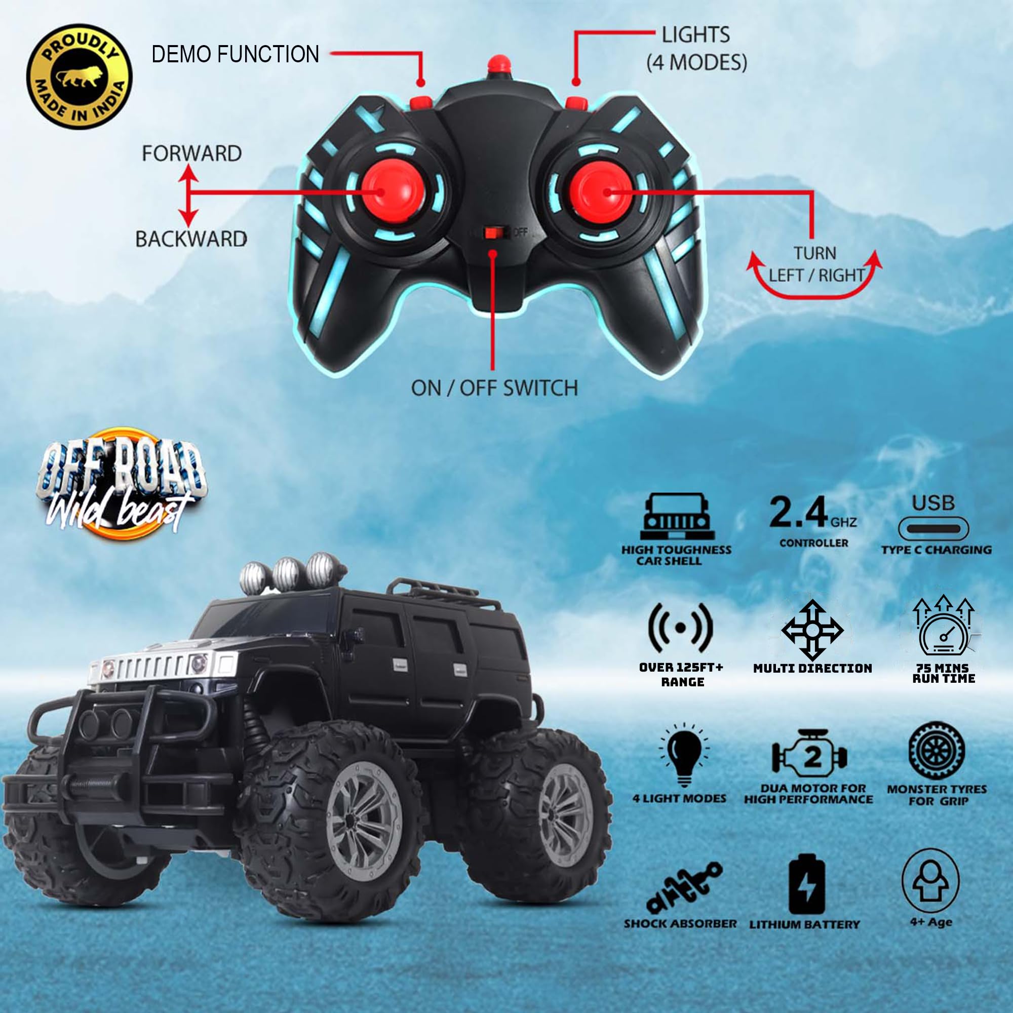 popsugar Off Roader Rechargeable Remote Control Car | RC Car Monster Truck | 4 Headlight Modes | Lithium Battery | C-Type Charging | 2.4GHz Remote Controller | Made in India, Black image 2