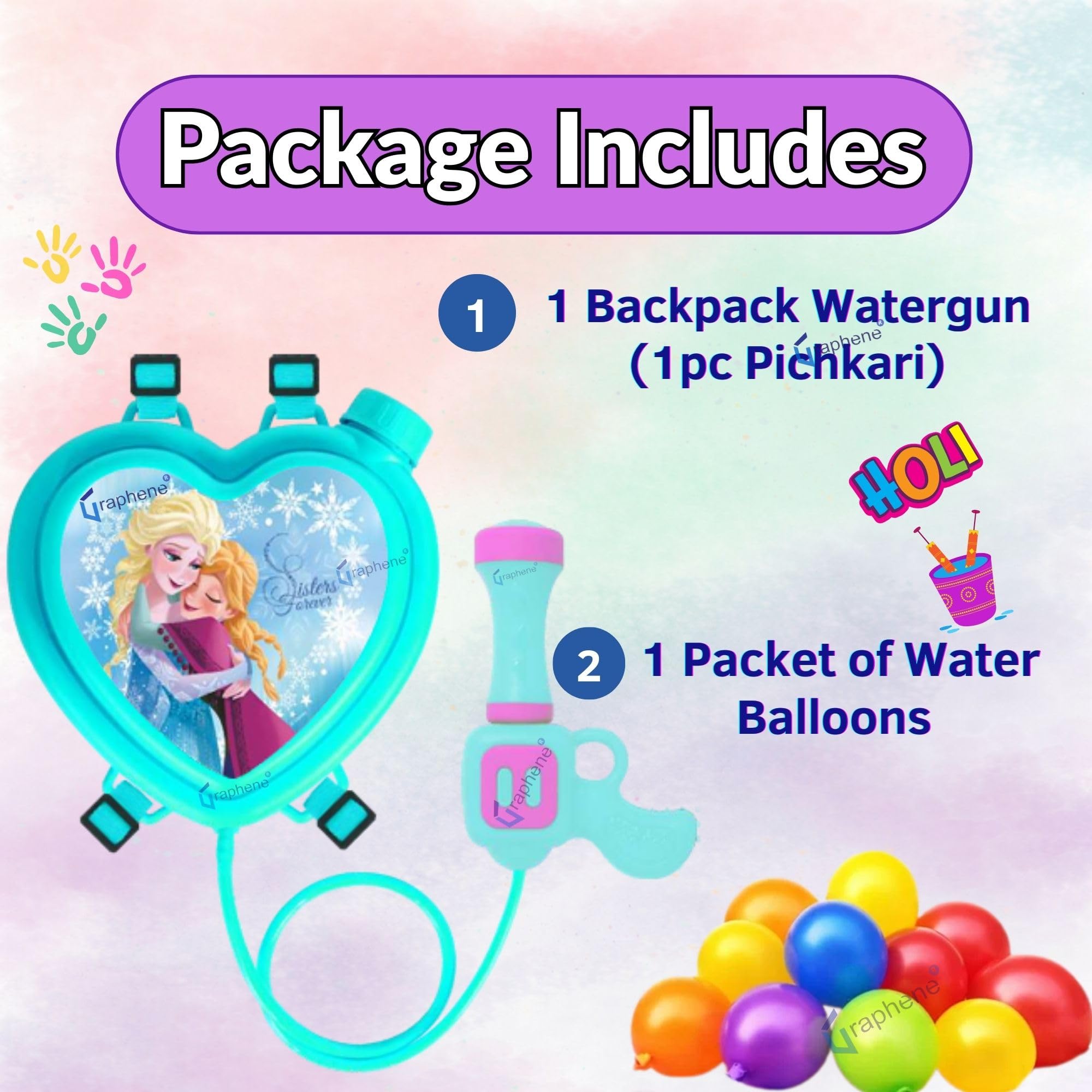 GRAPHENE Holi Pichkari Water Gun Kids 1.2L Heart Blue Tank Backpack Squirt High Pressure Water Spray Long Throw Premium Leakproof Shooting Pistol Summer Indoor Outdoor Kids Boy Girl 100 Balloons image 2