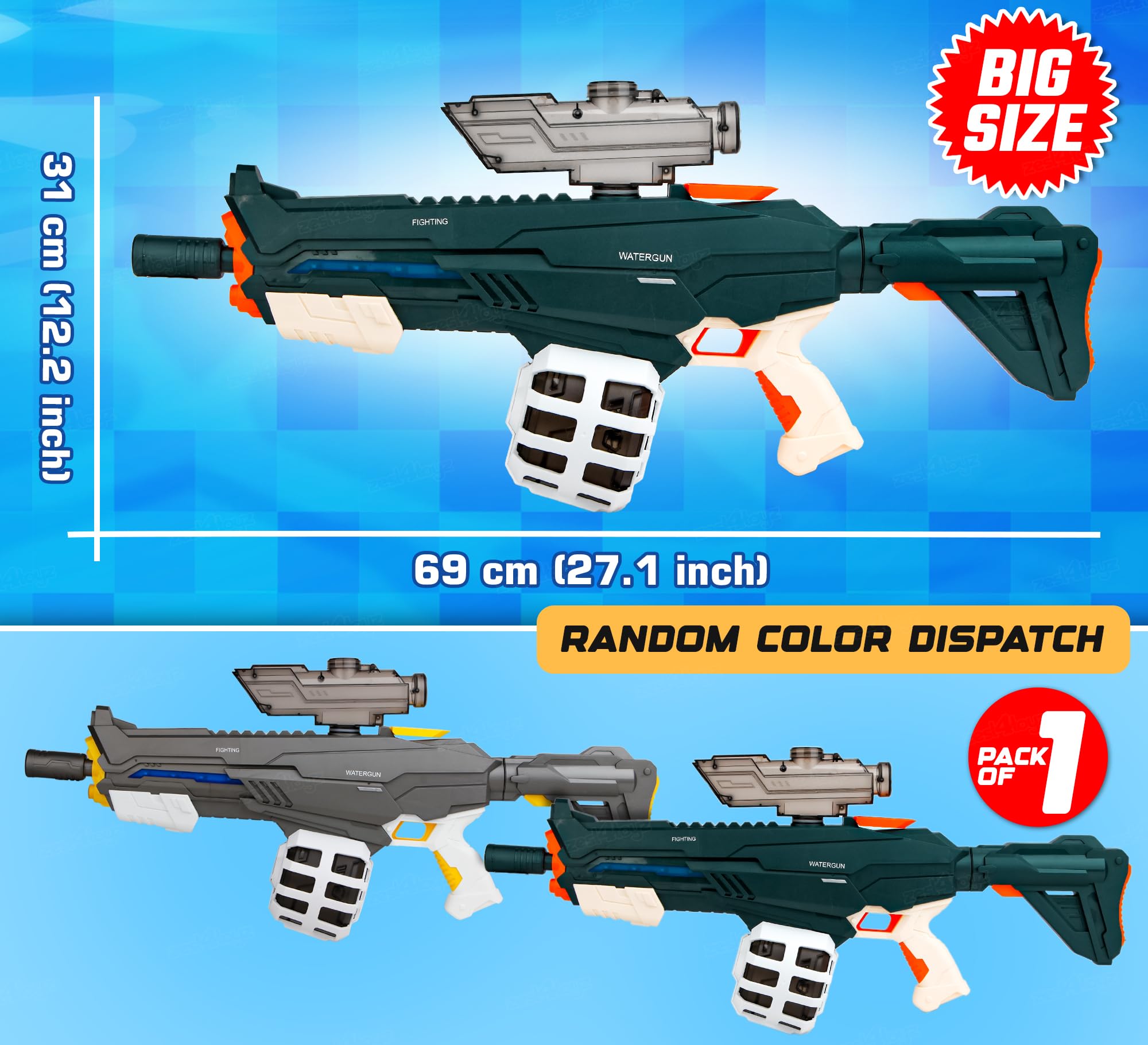 Zest 4 Toyz Holi Electric Pichkari Water Blaster Gun for Kids Long-Range Shooting Electric Continuous Firing Leakproof Water Tank Rechargeable Water Gun for Boys and Girls- Assorted image 3