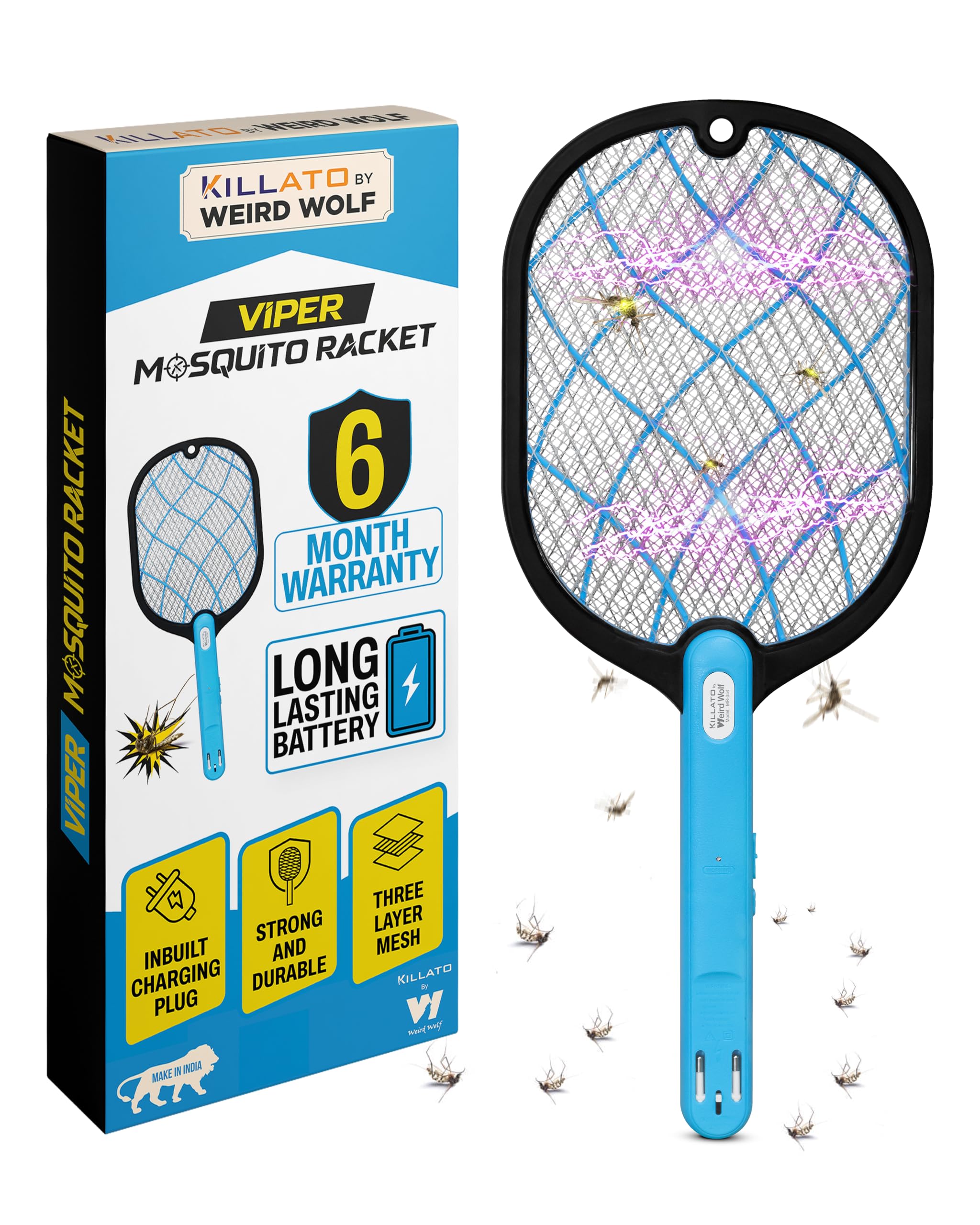 Weird Wolf Electric Mosquito Bat | Rechargeable Mosquito Killer Racket with Built-in Plug | Lithium Battery | Durable & Strong Design | 6-Month Warranty
