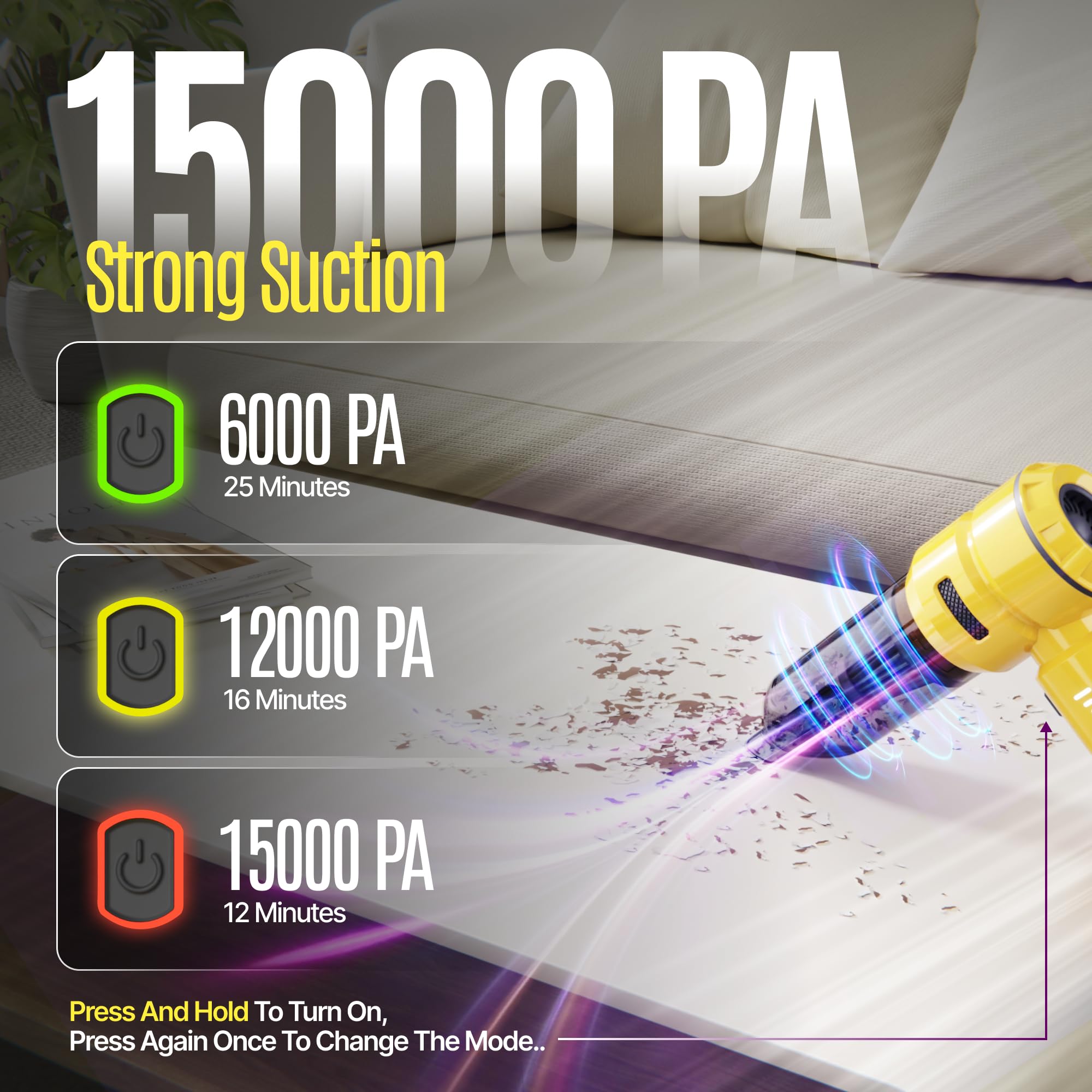 SEZNIK Vacuum Cleaner for Home Use | 4 in 1 Cordless Vacuum Cleaner & Blower | Rechargeable 6000mAh | 3 Speed Suction Upto 15000PA | BLDC Motor | Home & Car Use | 1 Year Warranty image 4