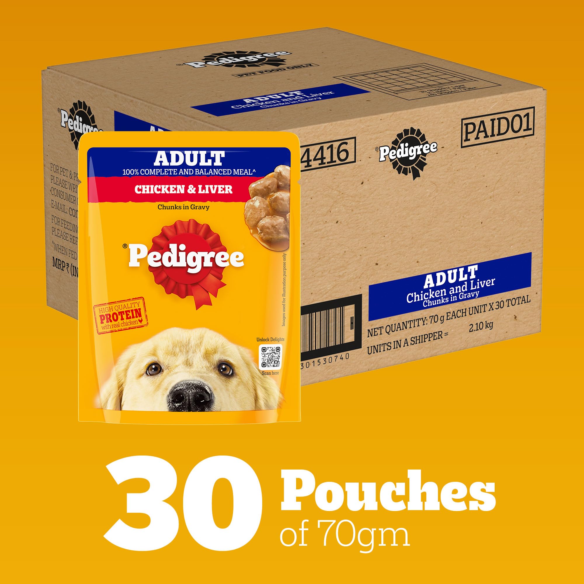 Pedigree Adult Wet Dog Food, Chicken & Liver Chunks in Gravy, 70 g (Pack of 30), Complete & Balanced Meal for Adult Dogs image 2