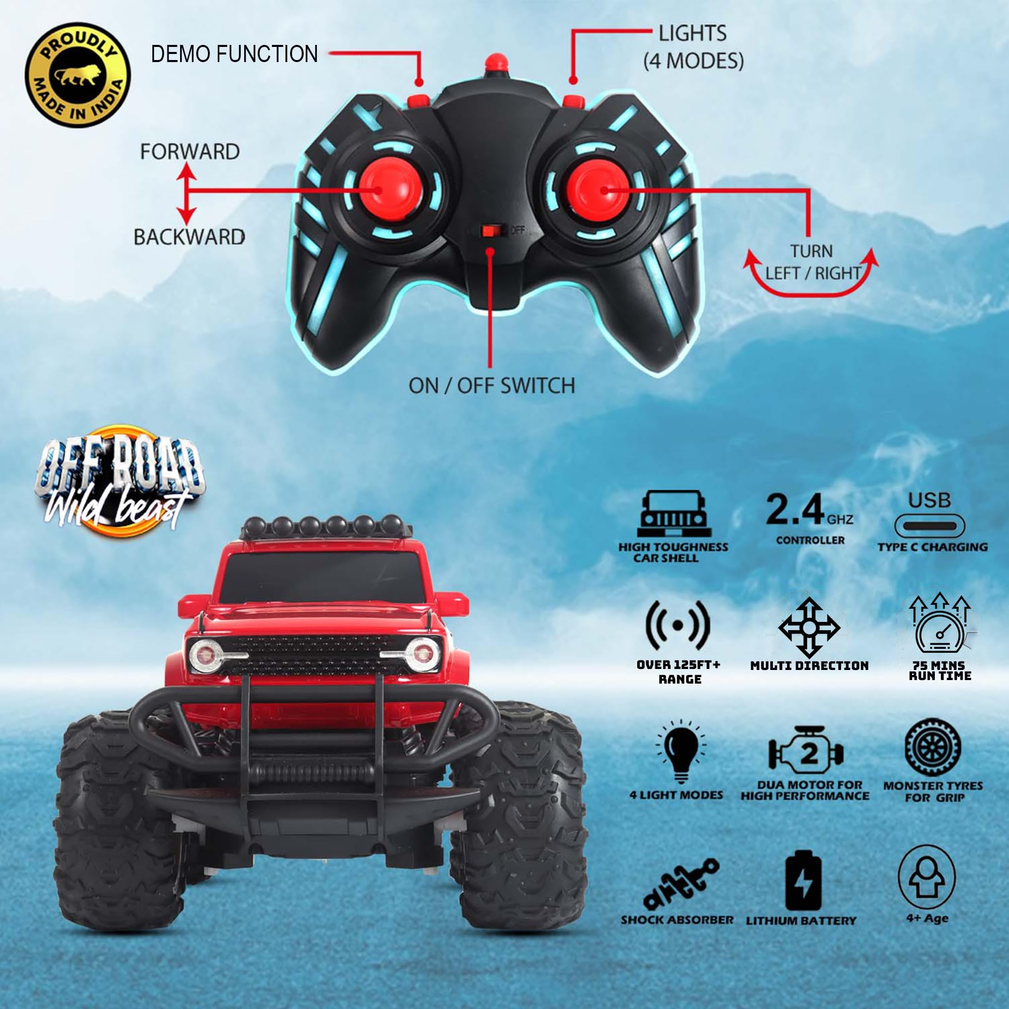 popsugar Off Roader Rechargeable Remote Control Car | RC Car Monster Truck | 4 Headlight Modes | Lithium Battery | C-Type Charging | 2.4GHz Remote Controller | Made in India, Red image 2
