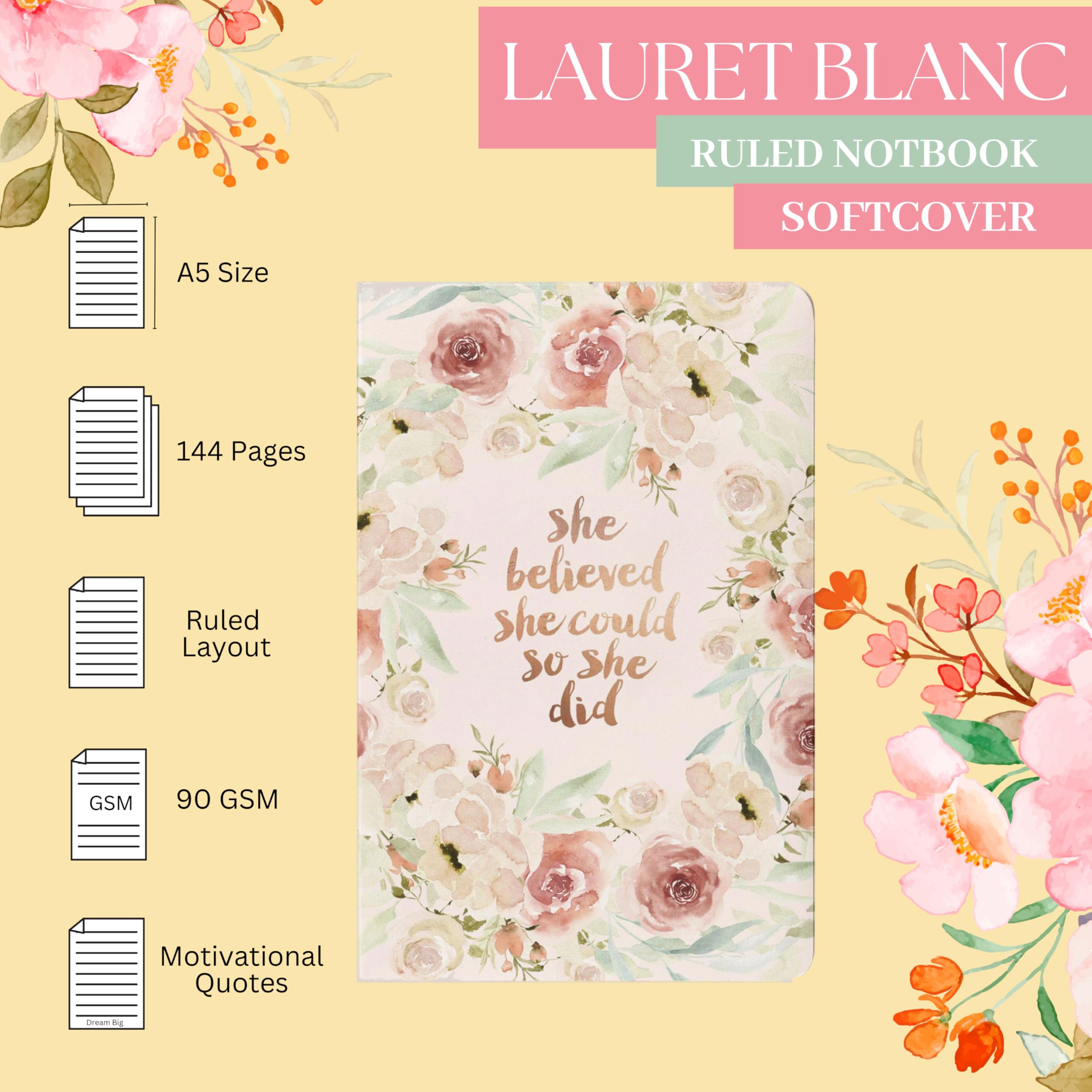 LAURET BLANC Notebook Journal - A5 Size, 144 Ruled Pages, 90 GSM Natural Shade, Paperback image 3