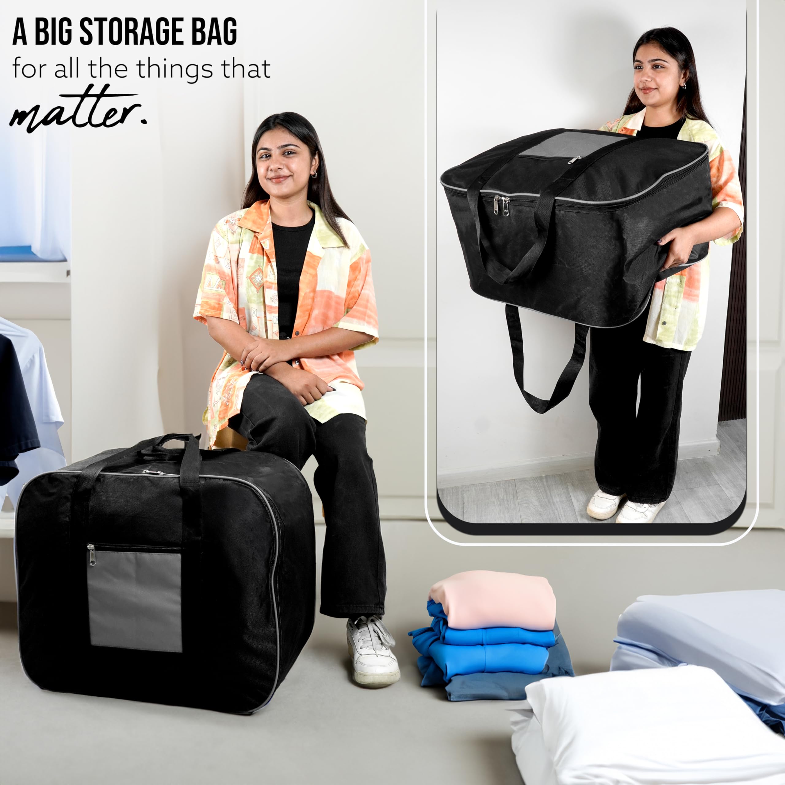 Storite Moisture Proof Nylon Large Size Foldable Underbed Storage Bag For Clothes, Blankets (54 x 46 x 28 cm) - Black, Rectangular image 4