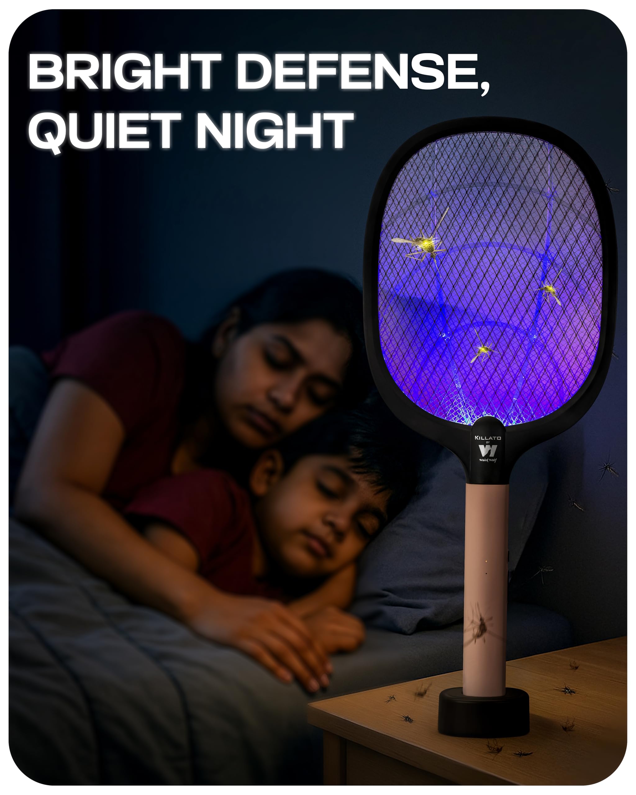 Weird Wolf 2 in 1 Rechargeable Mosquito Killer Racket with UV Light & Base Stand | Electric Fly Swatter with Auto & Manual Mode | Type-C USB Charging | 1200 mAh Lithium Battery | 6 Month Warranty image 2
