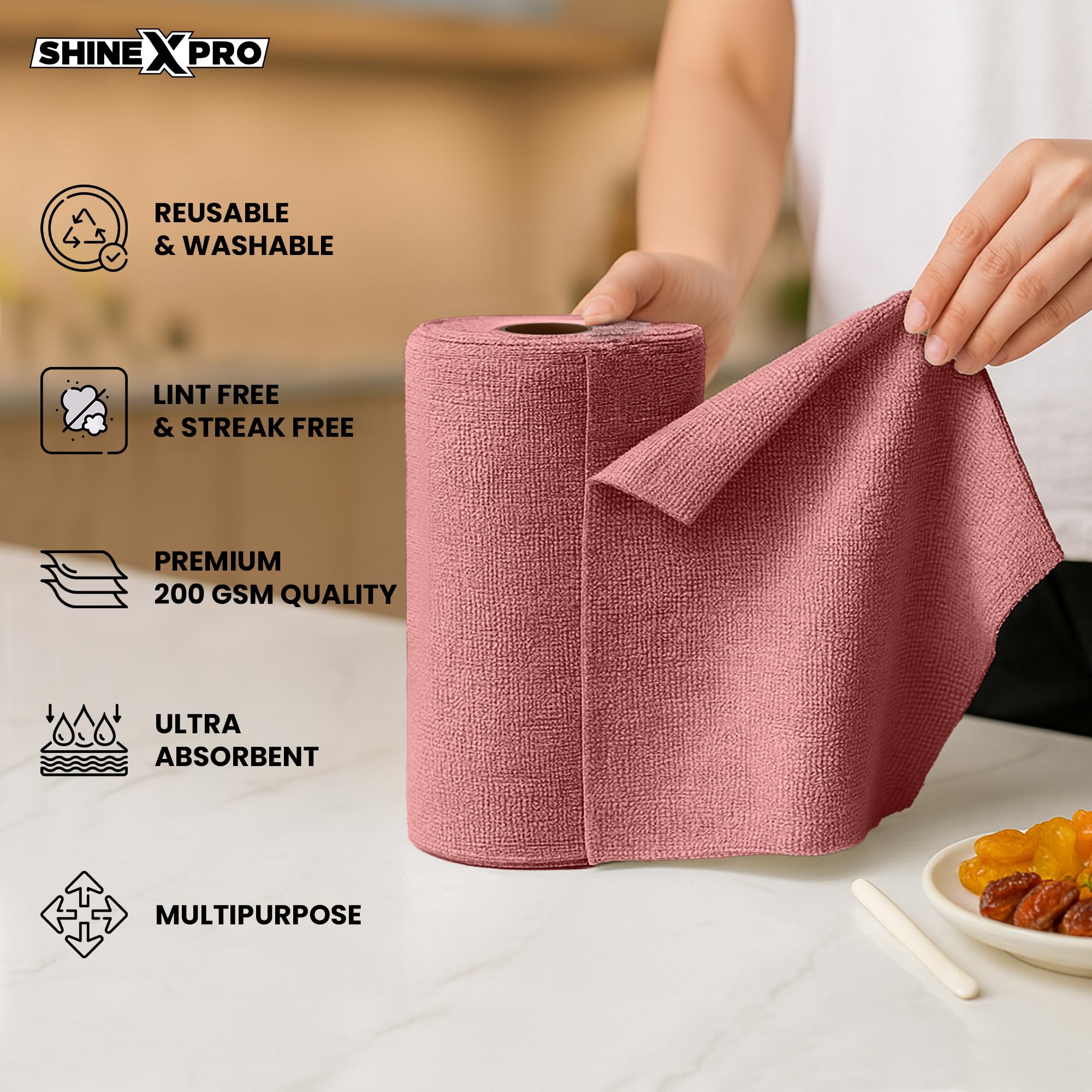 ShineXPro Microfiber Cleaning Cloth Roll, 20Pcs, 4000 Times Washable - 10X Cheaper Than Paper Kitchen Towel Roll - Ultra Absorbent Lint Free Microfiber Cleaning Cloth for Kitchen - Tearable, Reusable image 2