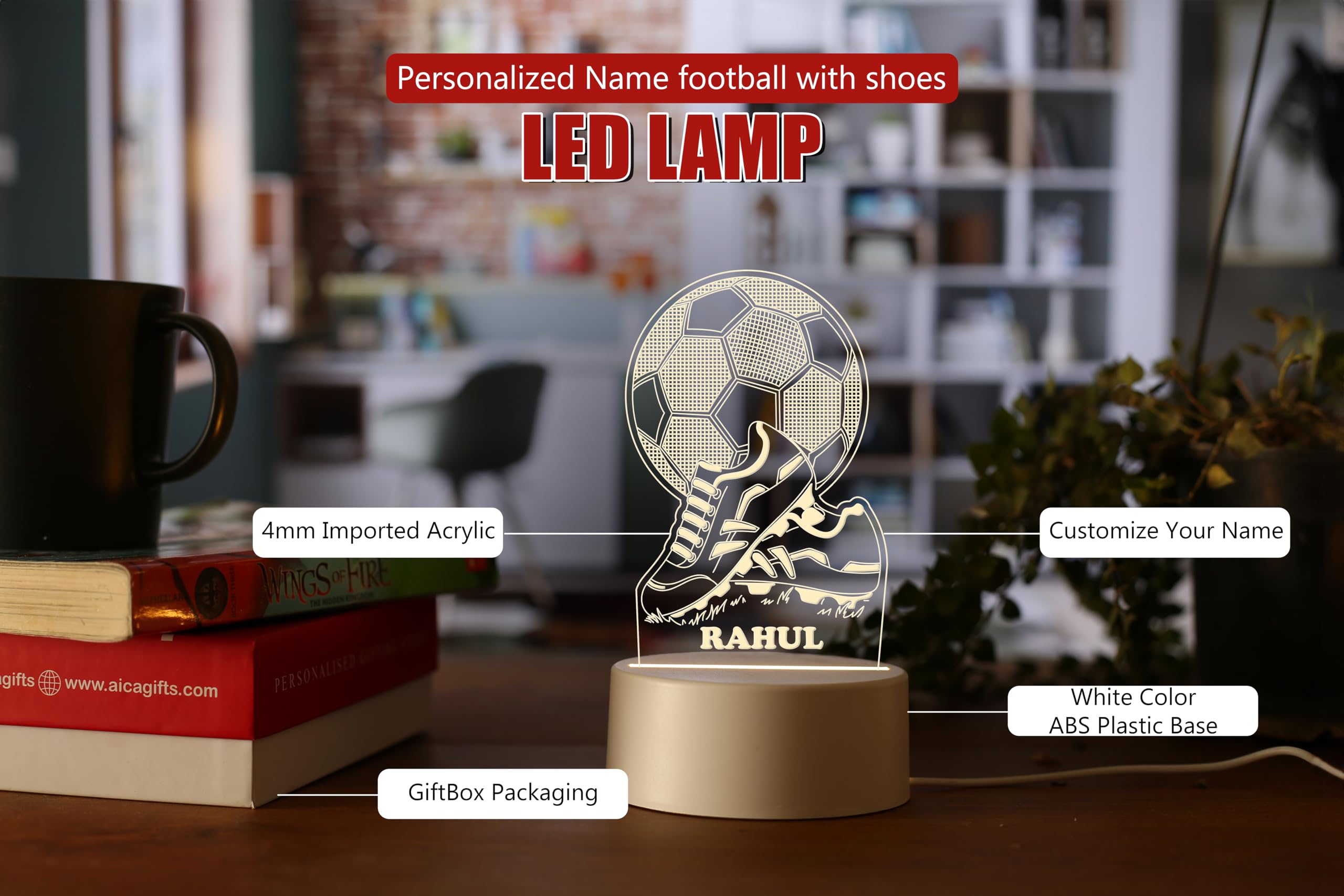 AICA Personalized Name Football LED Lamp | Birthday Gift for Teenage Boys Men Boyfriend Kids (Football with Shoes) image 2