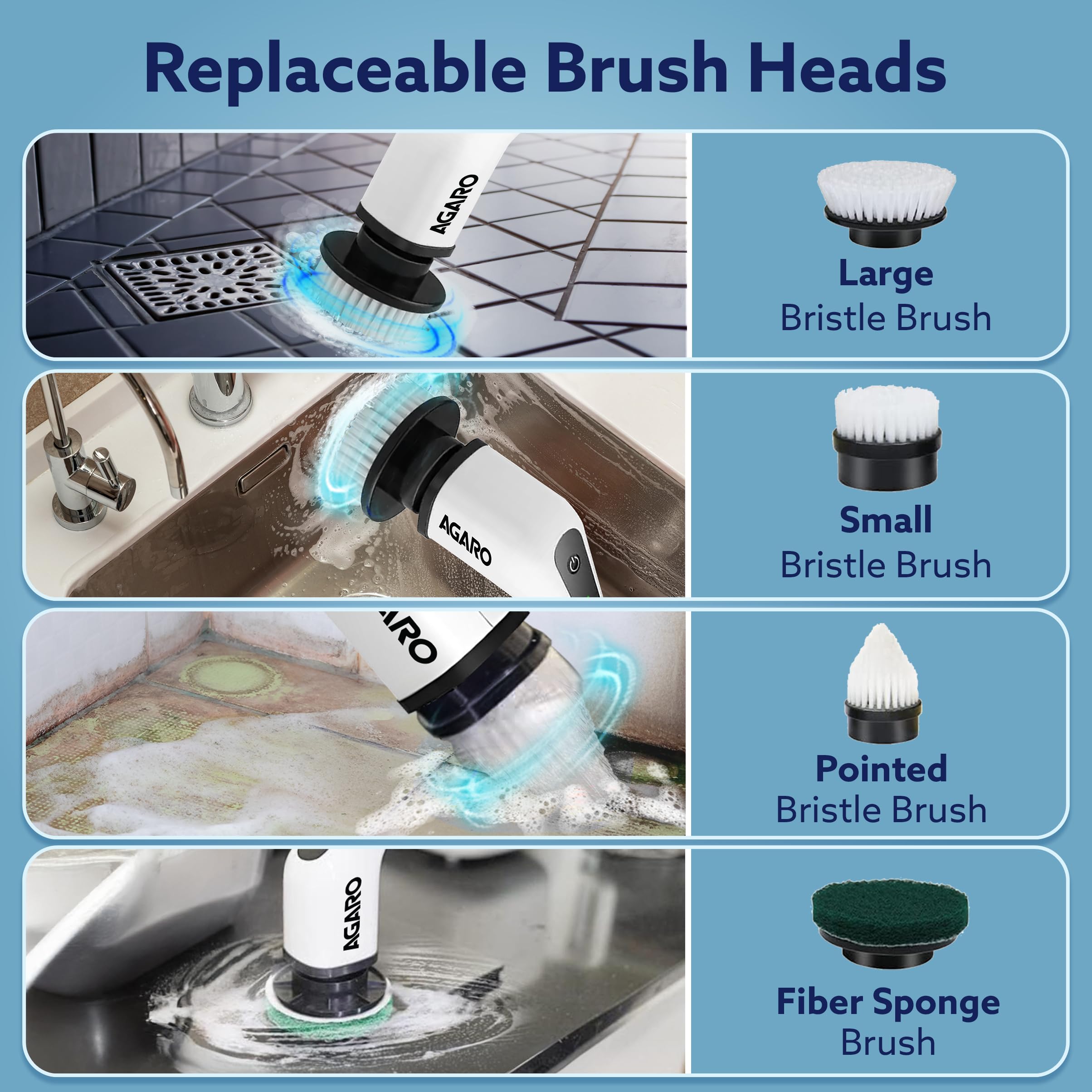 AGARO Royal Electric Spin Scrubber, Cleaning Brush Scrubber for Home, 400RPM/Min, 8 Replaceable Brush Heads, 90 Min Work Time, 3 Adjustable Size, 2 Adjustable Speeds, for Bathroom, Floor Tiles, White image 3