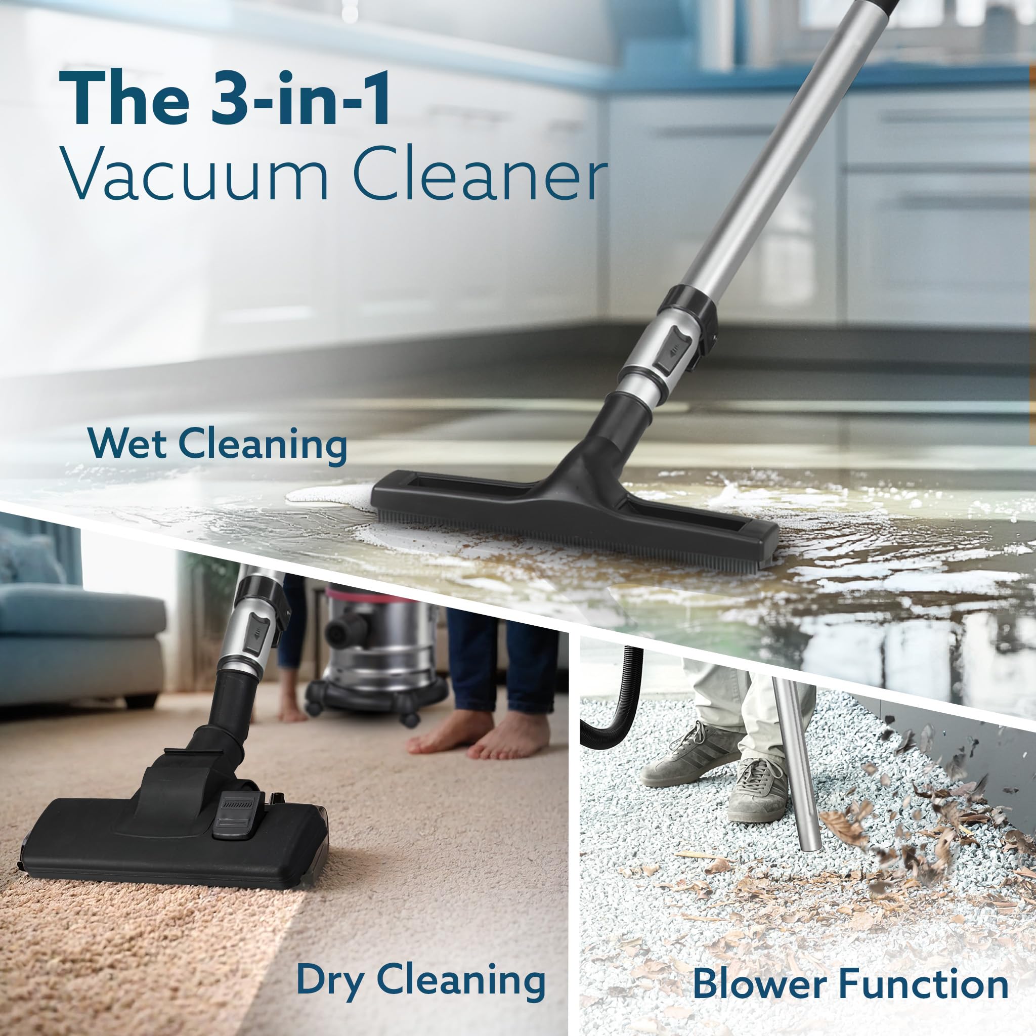 AGARO Ace Wet & Dry Vacuum Cleaner for Home, 1600 Watts, 21.5 kPa Suction Power, 21 litres Tank Capacity, for Home Use, Blower Function, Washable 3L Dust Bag, Stainless Steel Body (Black, Red, Steel) image 3